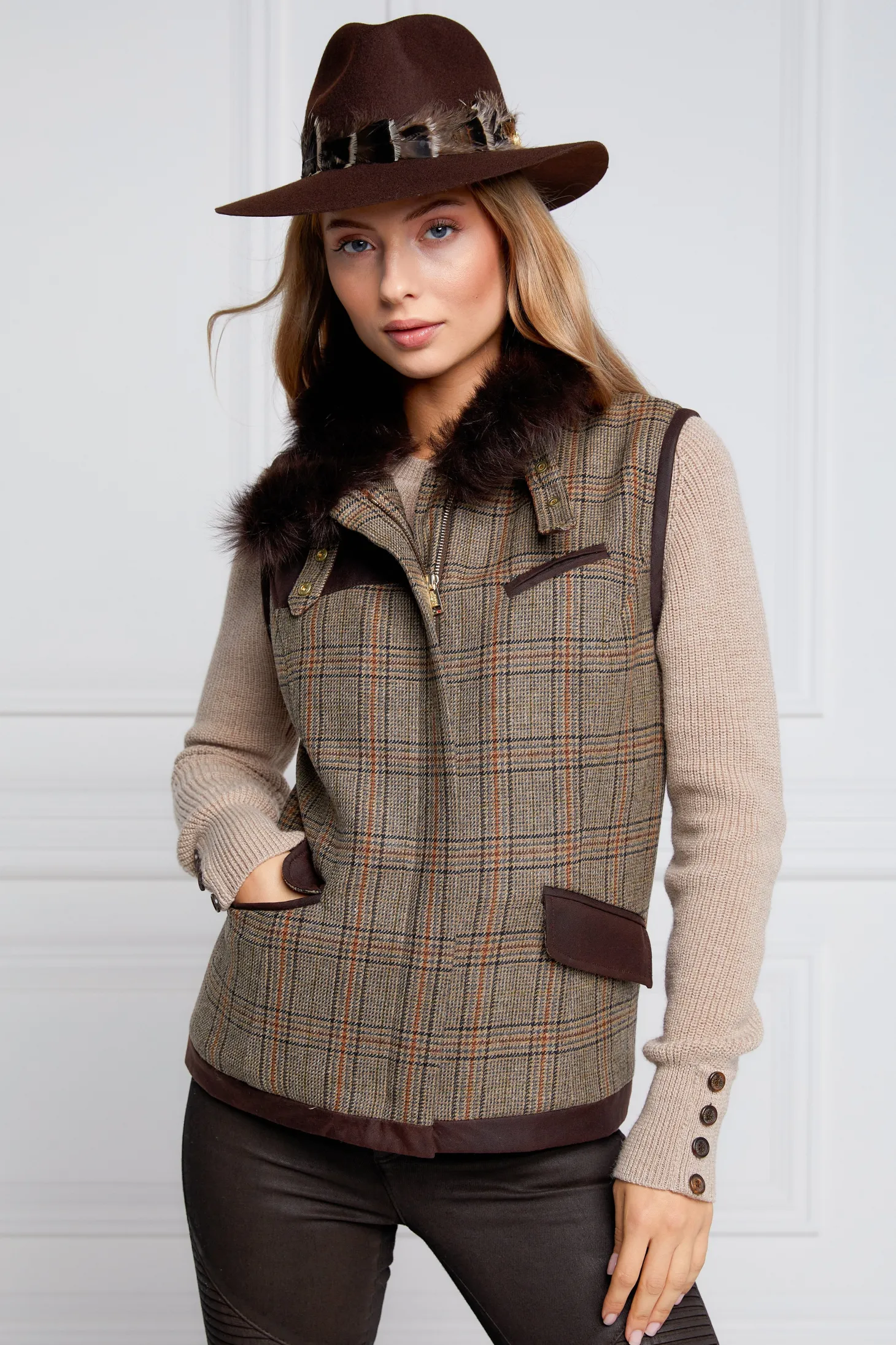 Women Holland Cooper Gilets | Tailoring | Aviator Gilet (Bourbon Tweed)