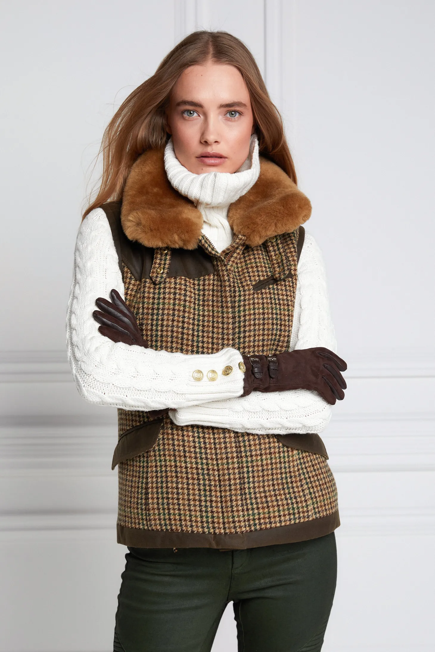 Women Holland Cooper Gilets | Tailoring | Aviator Gilet (Hailes Green Tweed)