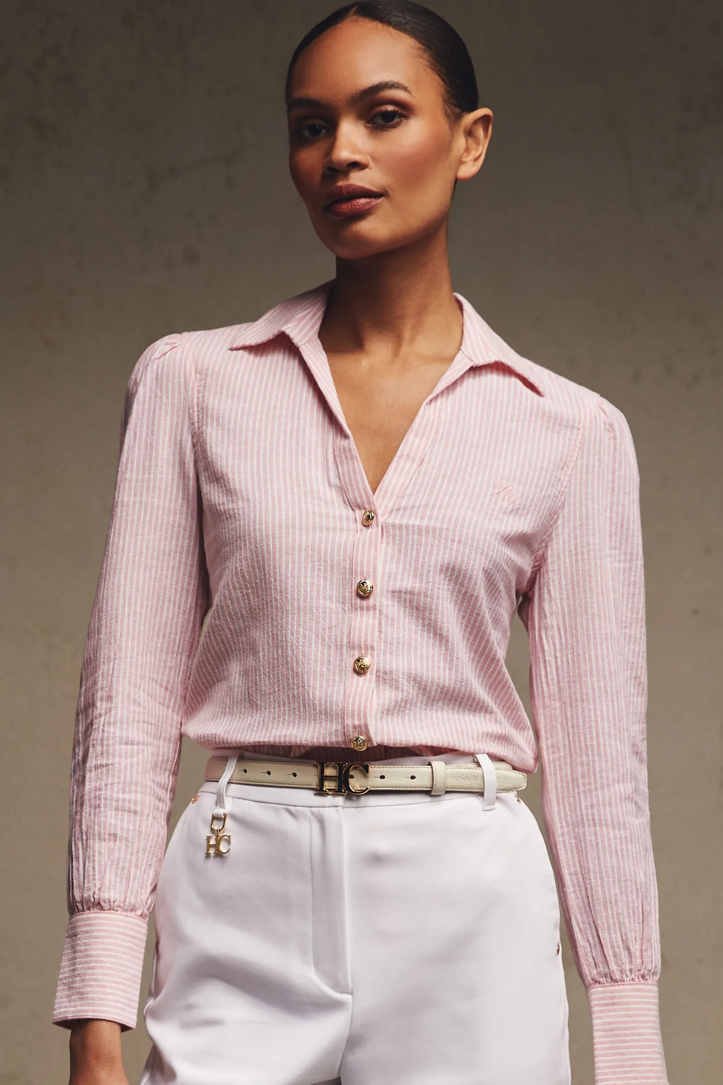 Women Holland Cooper Shirts & Blouses | Classic V-Neck Blouse (Pink Stripe)