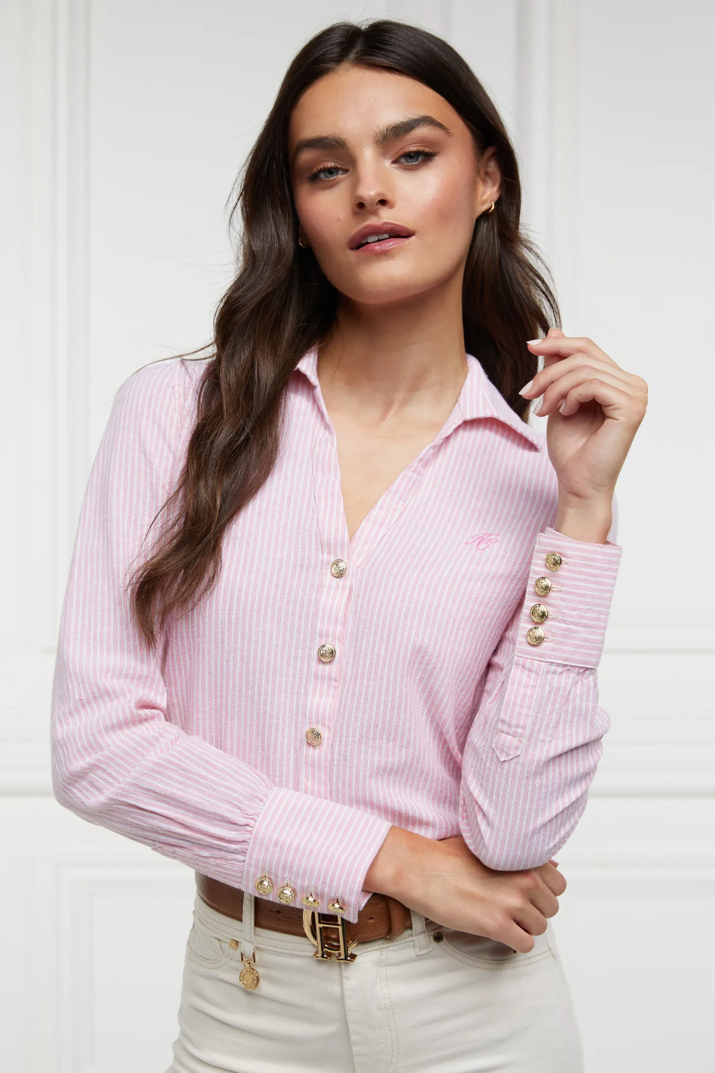 Women Holland Cooper Shirts & Blouses | Classic V-Neck Blouse (Pink Stripe)