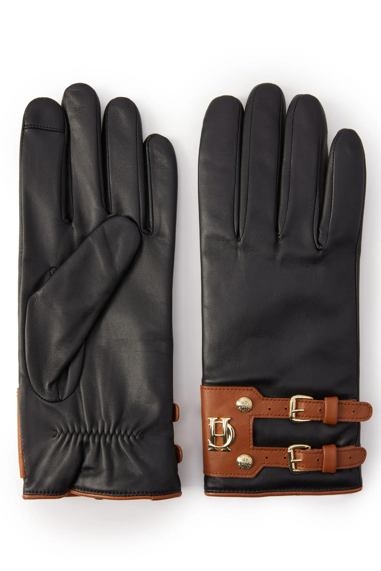 Women Holland Cooper Gloves | Gloves | Contrast Leather Gloves (Black Tan)