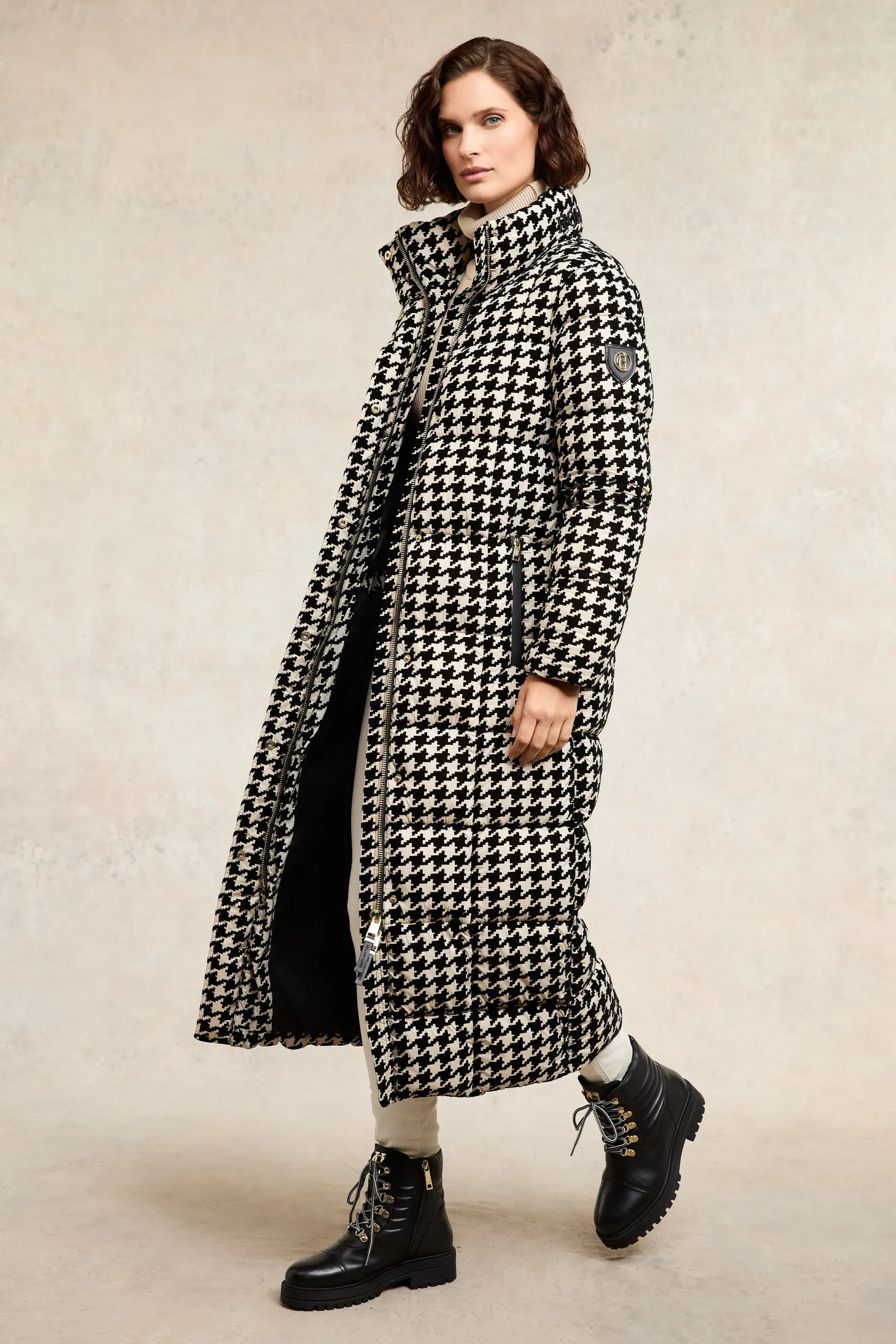 Women Holland Cooper Coats | Crawford Longline Coat (Ecru Houndstooth)