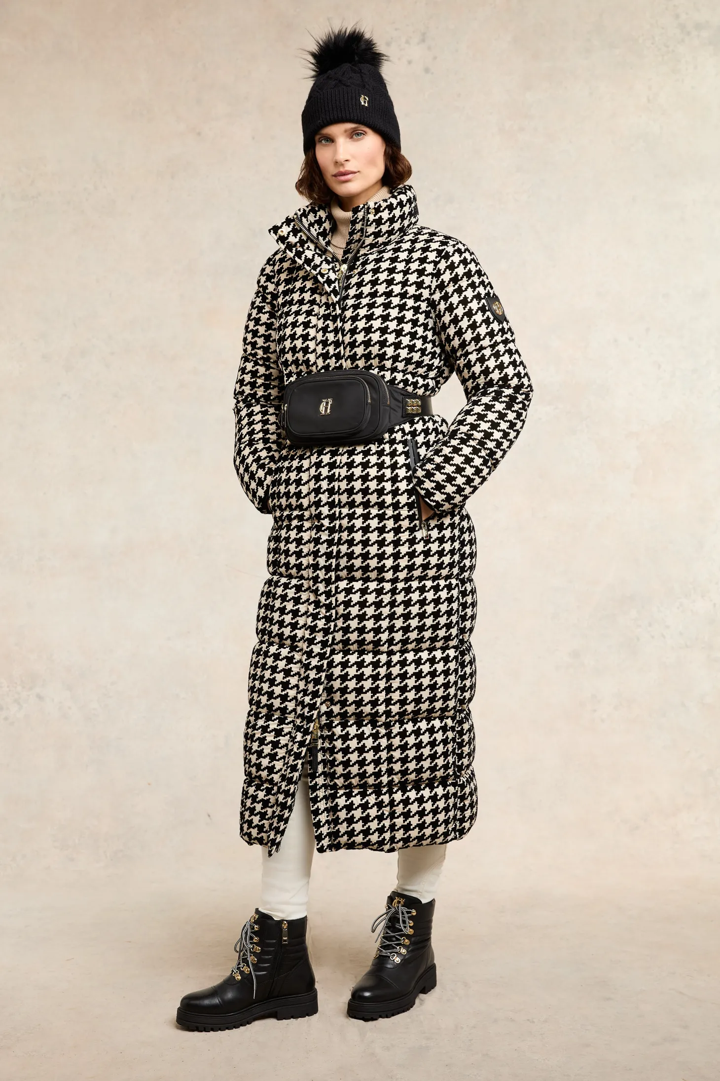 Women Holland Cooper Coats | Crawford Longline Coat (Ecru Houndstooth)