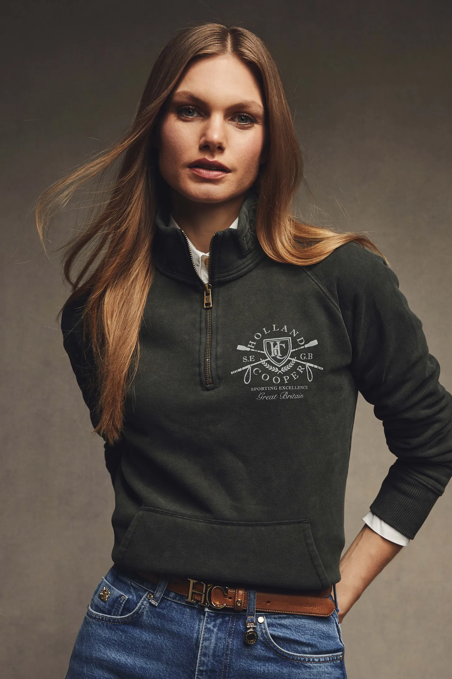 Women Holland Cooper Hoodies & Sweatshirts | Sweatshirts | Crest Zip Henley (Racing Green)