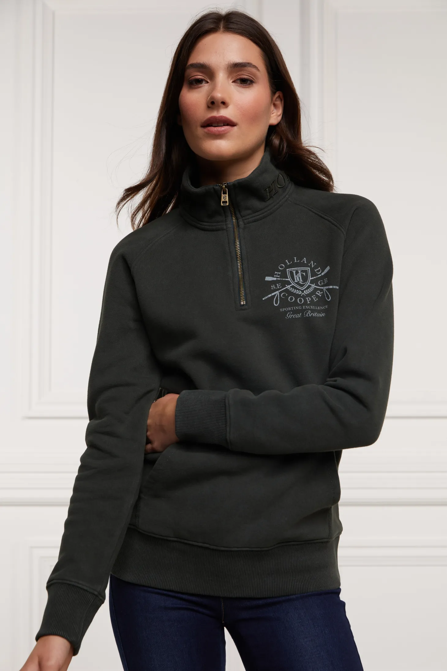 Women Holland Cooper Hoodies & Sweatshirts | Sweatshirts | Crest Zip Henley (Racing Green)