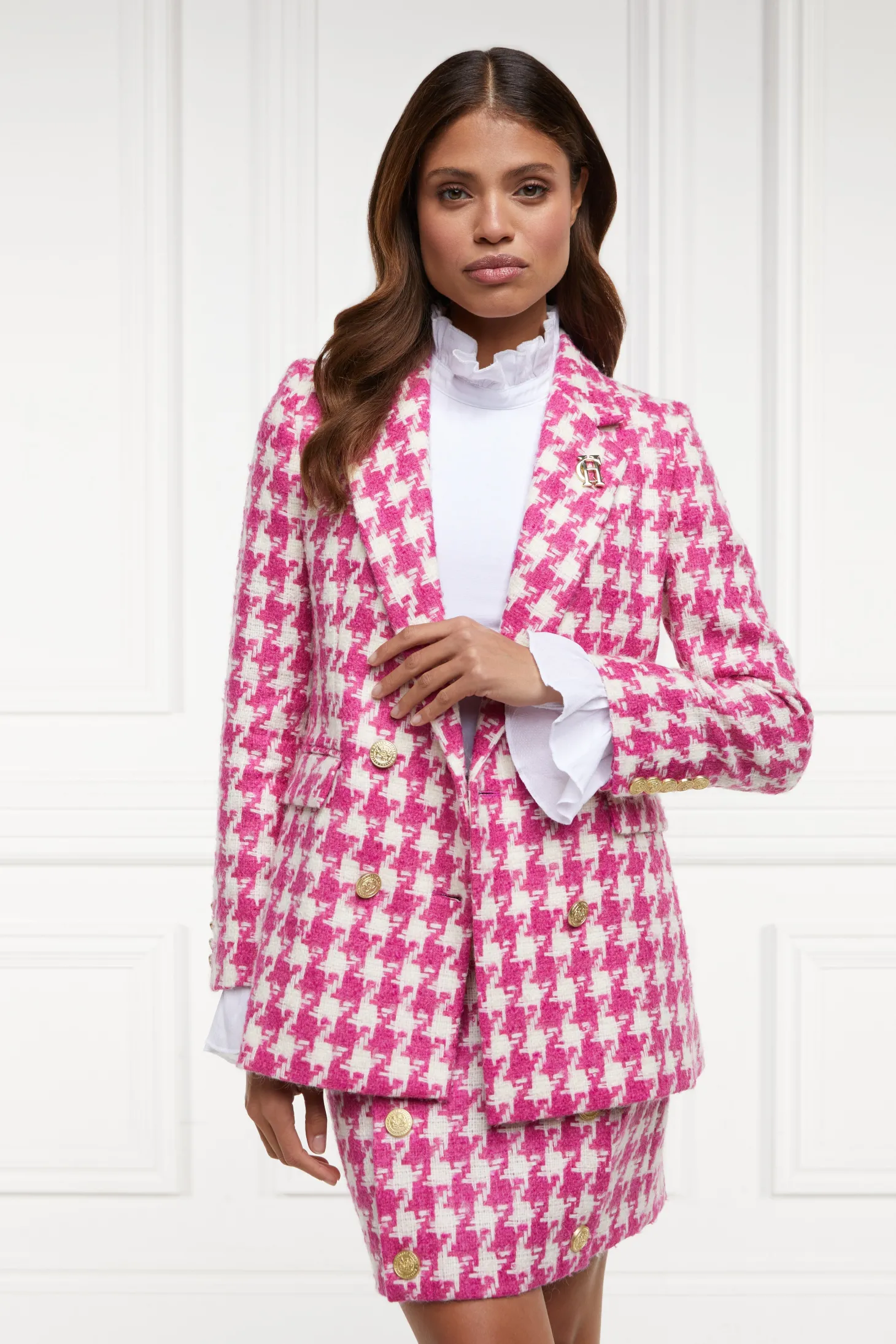 Women Holland Cooper Blazers | Tailoring | Double Breasted Blazer (Hot Pink Large Scale Houndstooth)