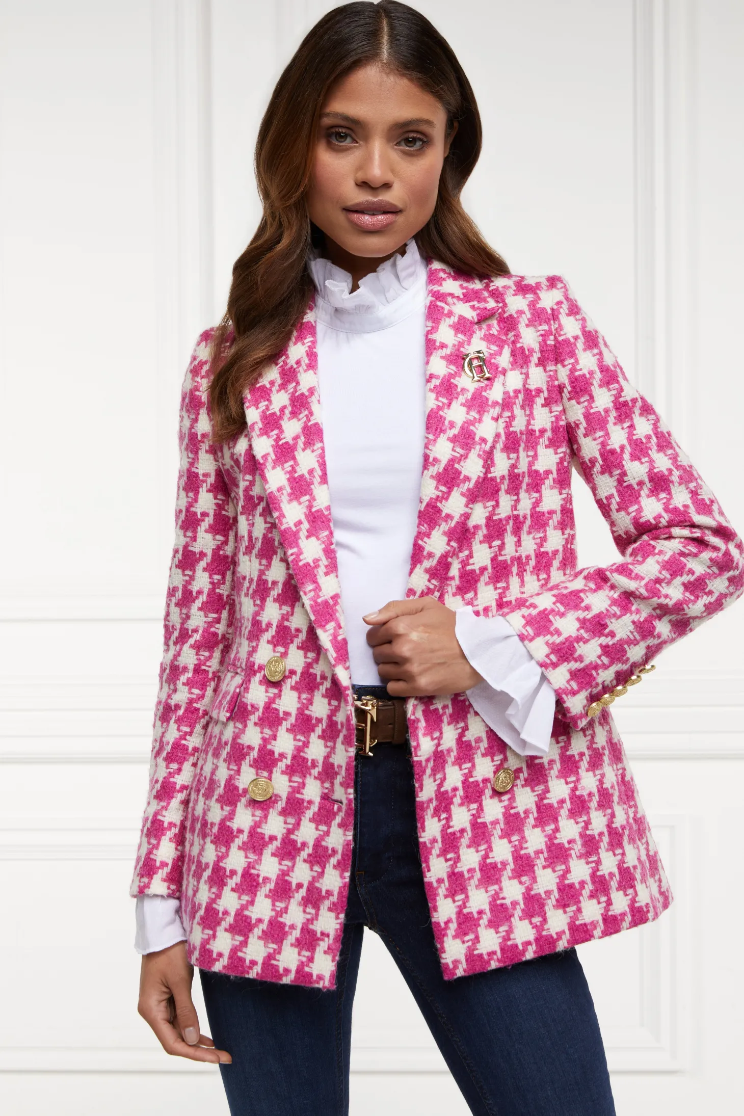 Women Holland Cooper Blazers | Tailoring | Double Breasted Blazer (Hot Pink Large Scale Houndstooth)