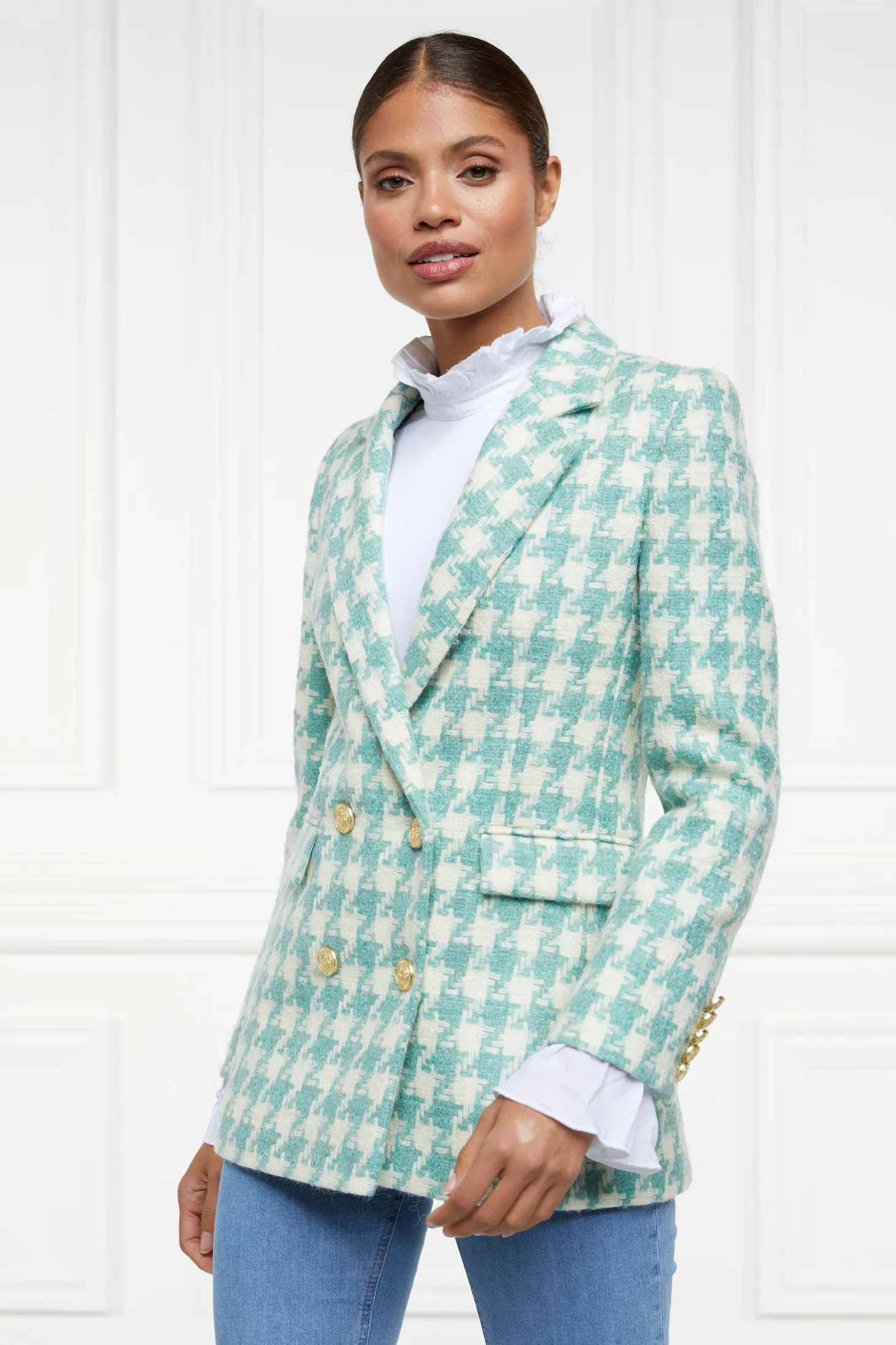 Women Holland Cooper Blazers | Tailoring | Double Breasted Blazer (Large Scale Teal Houndstooth)