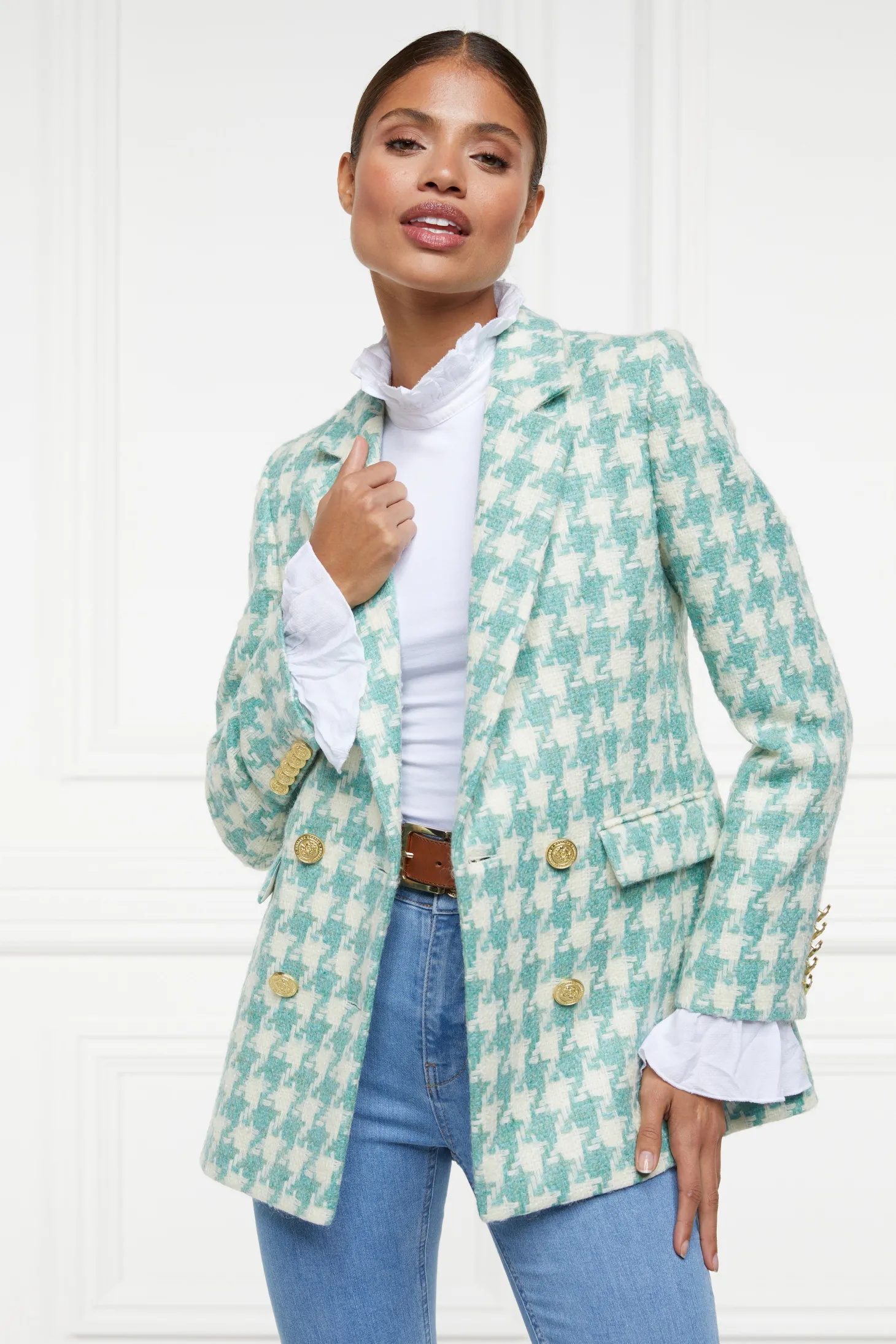 Women Holland Cooper Blazers | Tailoring | Double Breasted Blazer (Large Scale Teal Houndstooth)