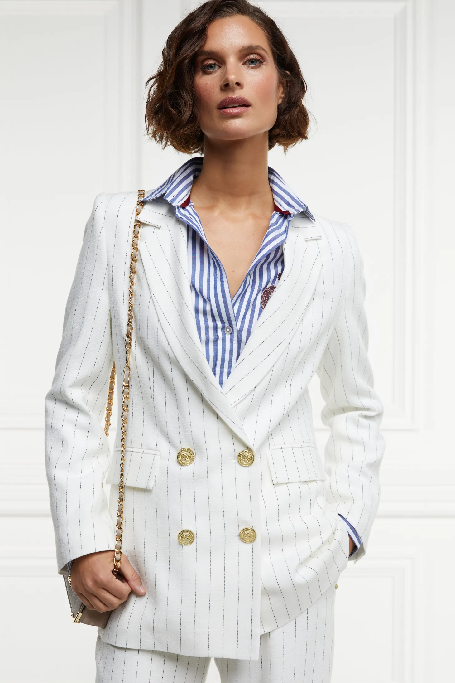 Women Holland Cooper Blazers | Tailoring | Double Breasted Blazer (Oyster Linen Pinstripe)