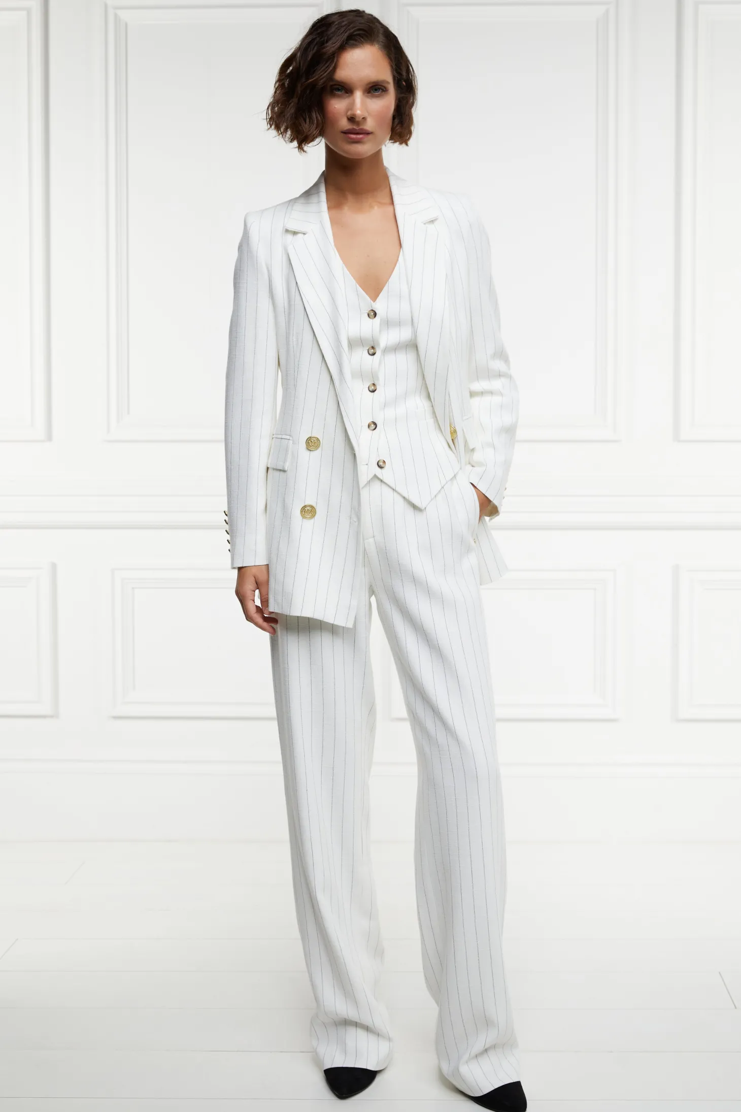 Women Holland Cooper Blazers | Tailoring | Double Breasted Blazer (Oyster Linen Pinstripe)