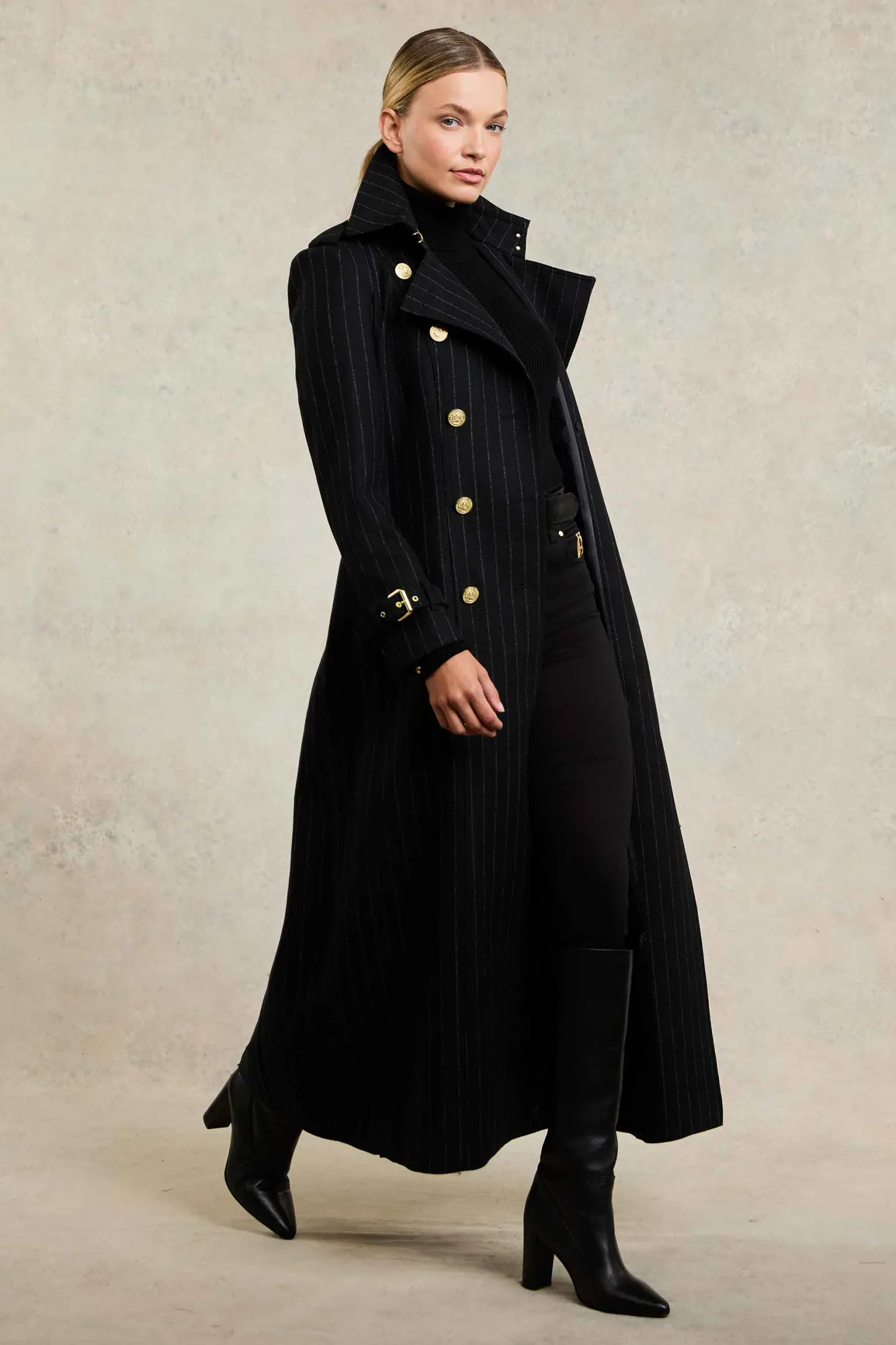 Women Holland Cooper Trench Coats | Tailoring | Full Length Marlborough Trench Coat (Black Pinstripe)