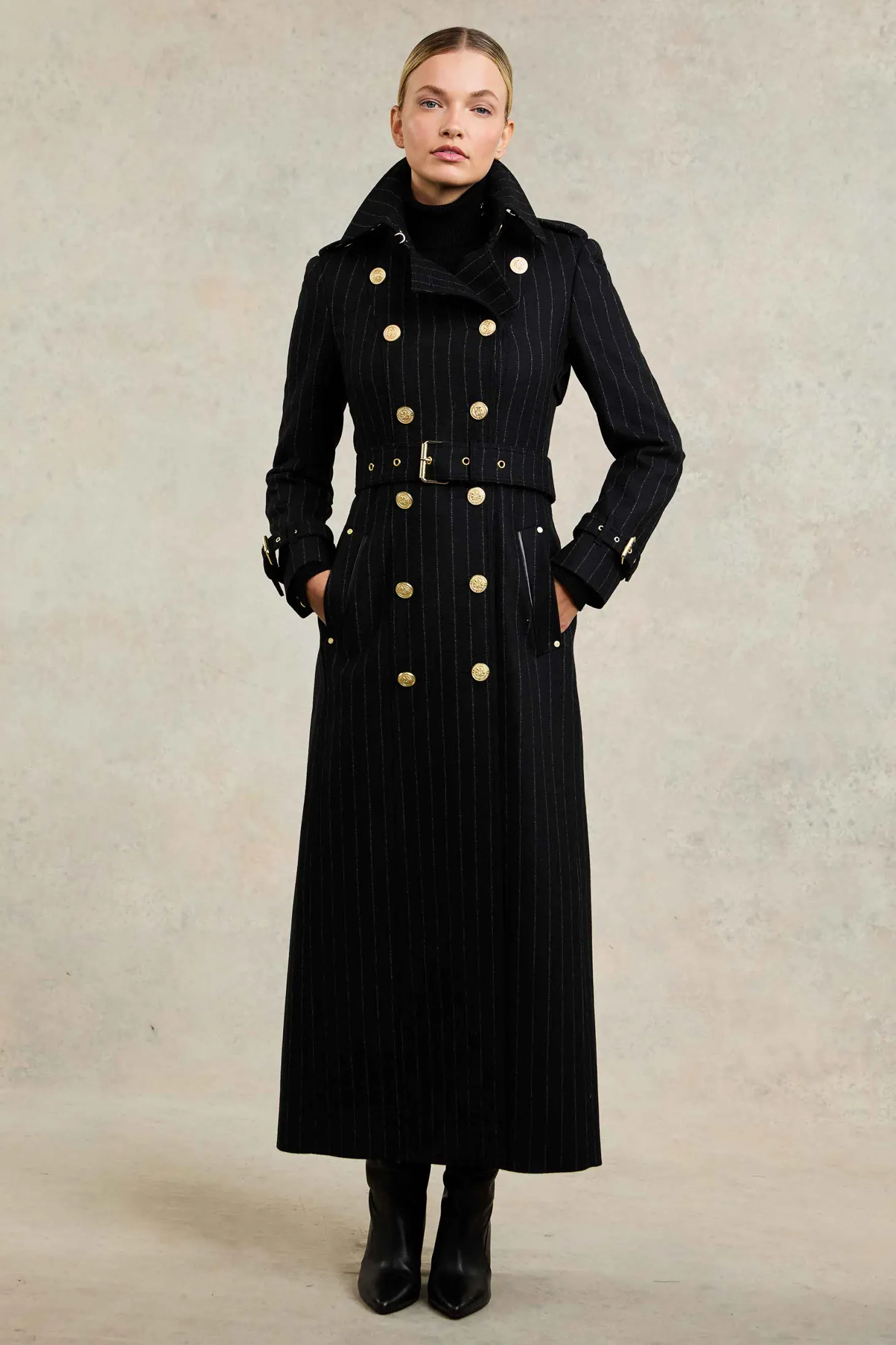 Women Holland Cooper Trench Coats | Tailoring | Full Length Marlborough Trench Coat (Black Pinstripe)