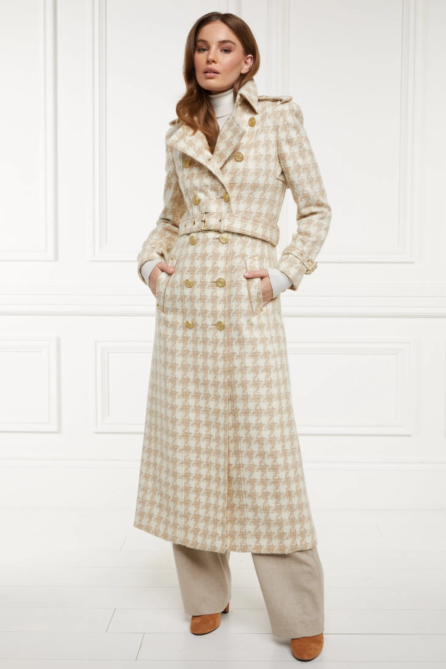 Women Holland Cooper Trench Coats | Coats | Full Length Marlborough Trench Coat (Camel Houndstooth)