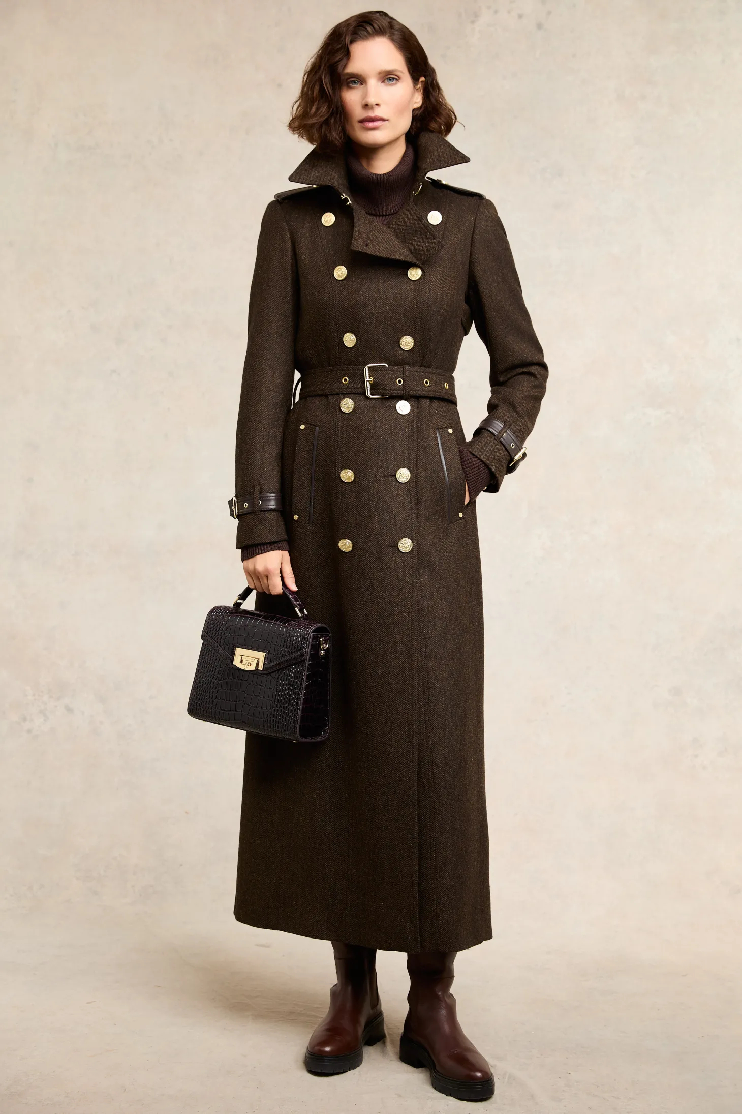 Women Holland Cooper Trench Coats | Coats | Full Length Marlborough Trench Coat (Chocolate Herringbone)