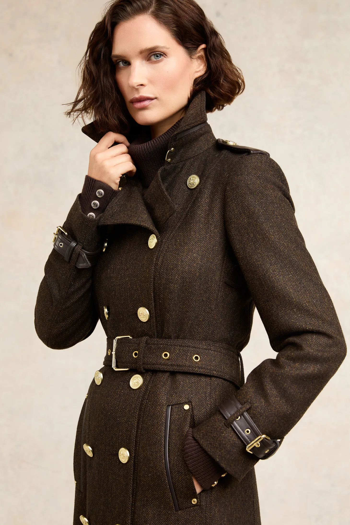 Women Holland Cooper Trench Coats | Coats | Full Length Marlborough Trench Coat (Chocolate Herringbone)