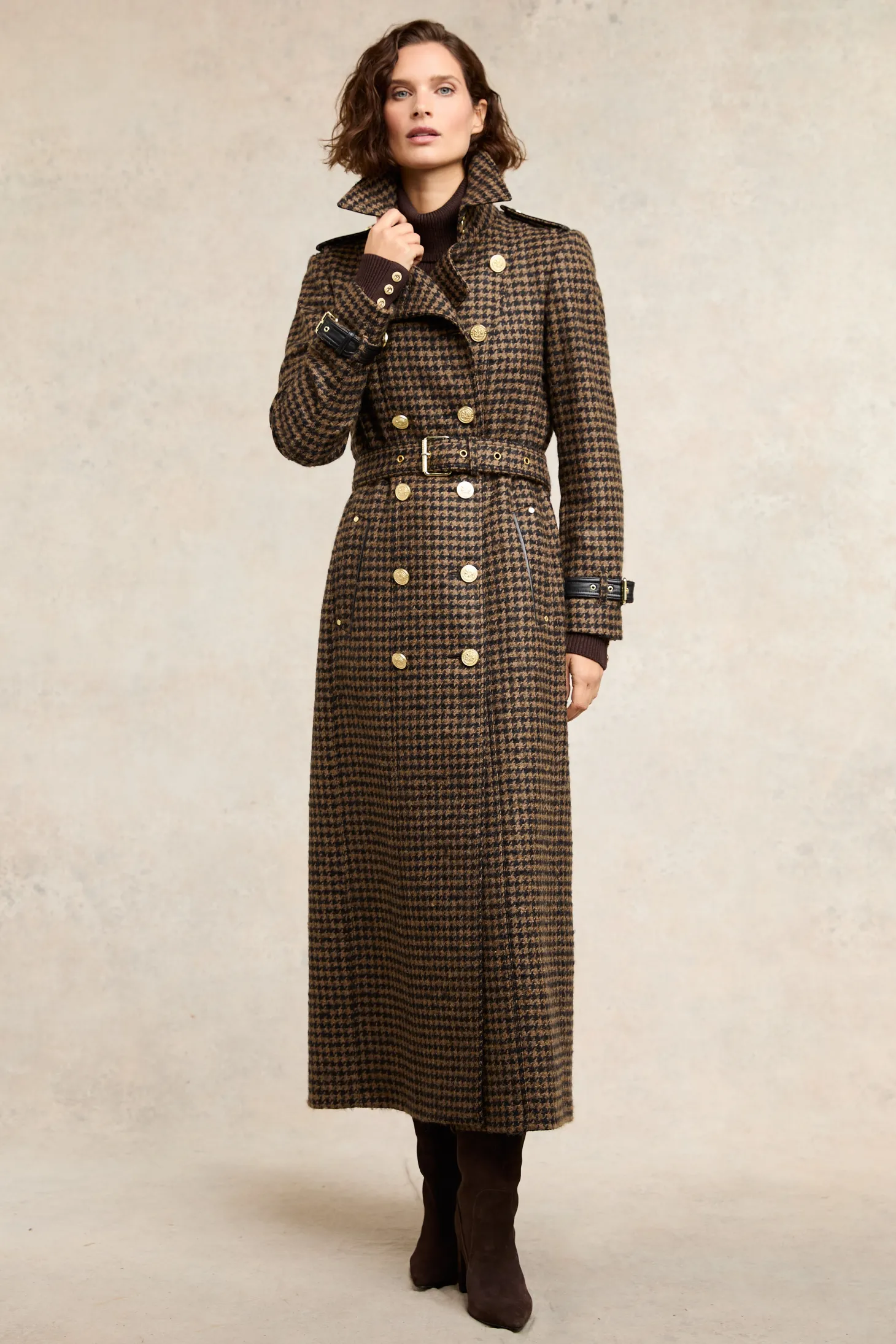 Women Holland Cooper Trench Coats | Coats | Full Length Marlborough Trench Coat (Chocolate Houndstooth)