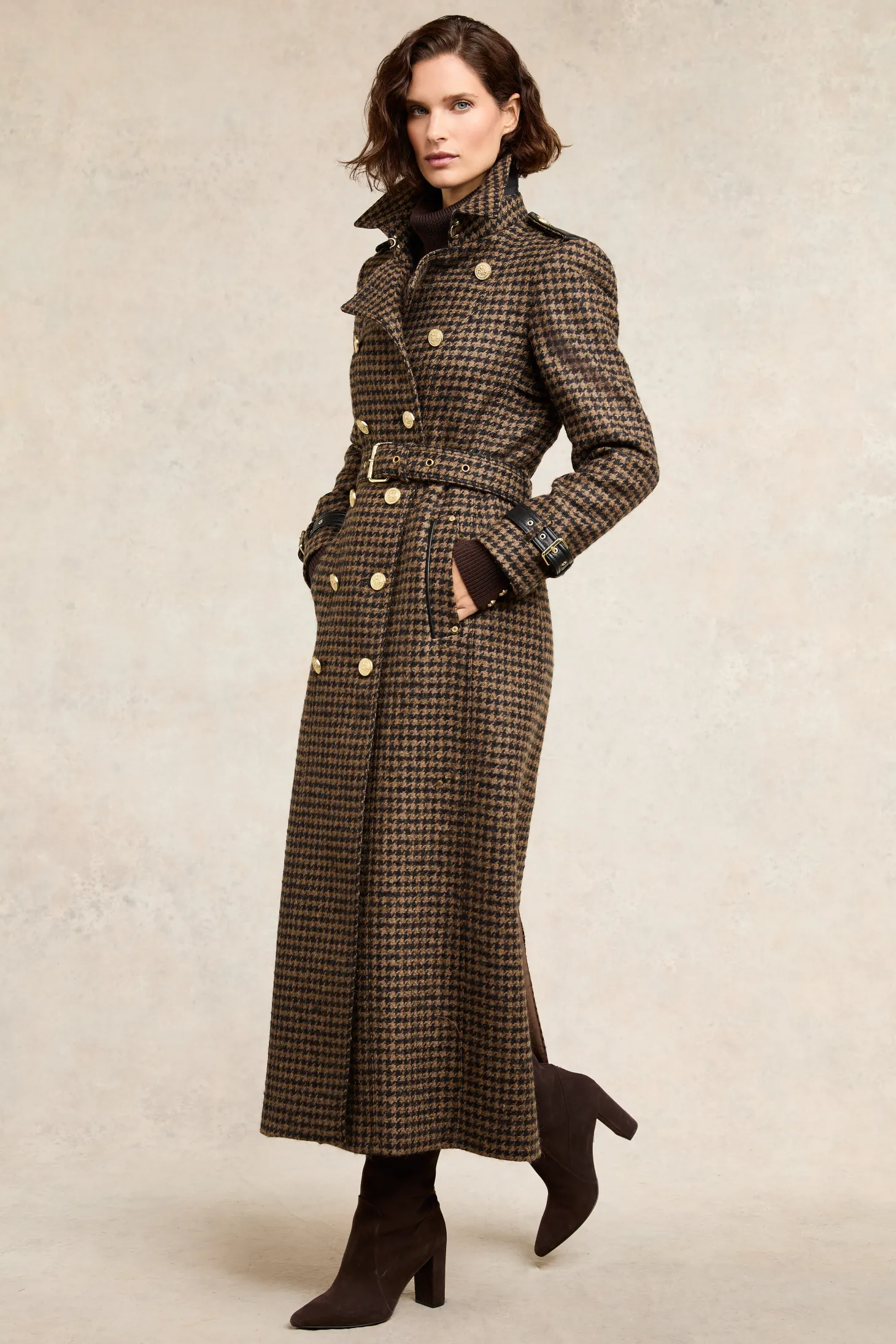 Women Holland Cooper Trench Coats | Coats | Full Length Marlborough Trench Coat (Chocolate Houndstooth)