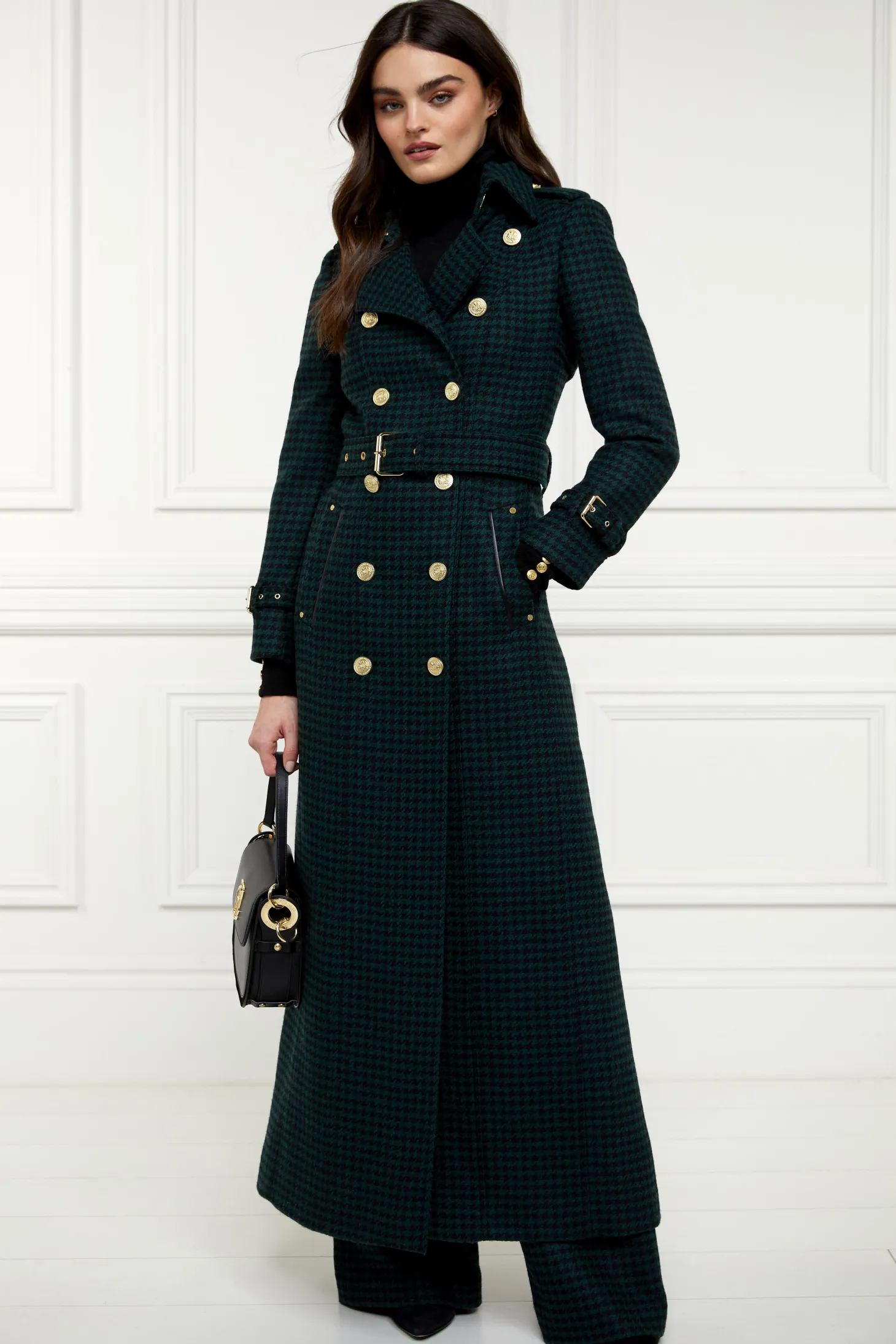 Women Holland Cooper Trench Coats | Coats | Full Length Marlborough Trench Coat (Emerald Houndstooth)