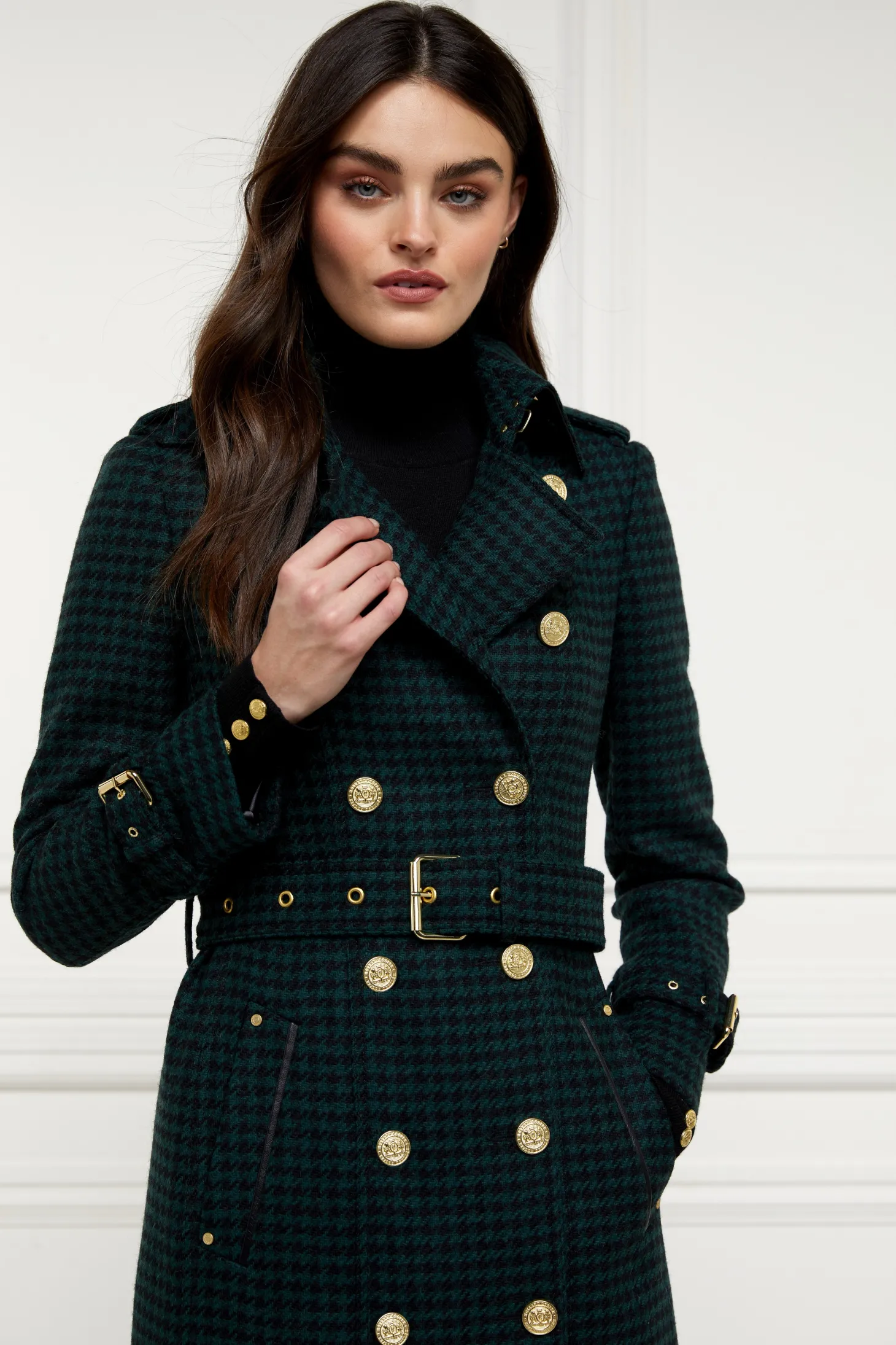 Women Holland Cooper Trench Coats | Coats | Full Length Marlborough Trench Coat (Emerald Houndstooth)