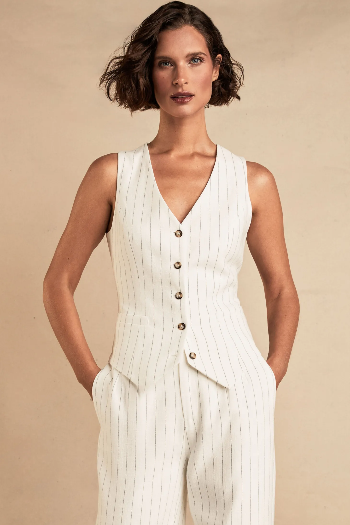 Women Holland Cooper Waistcoats | Tailoring | Hampton Waistcoat (Oyster Linen Pinstripe)