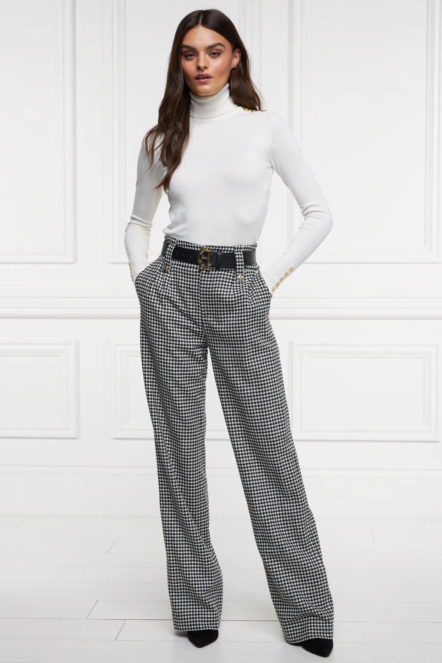 Women Holland Cooper Trousers | Tailoring | High Waisted Straight Trouser (Black & White Puppy Tooth)