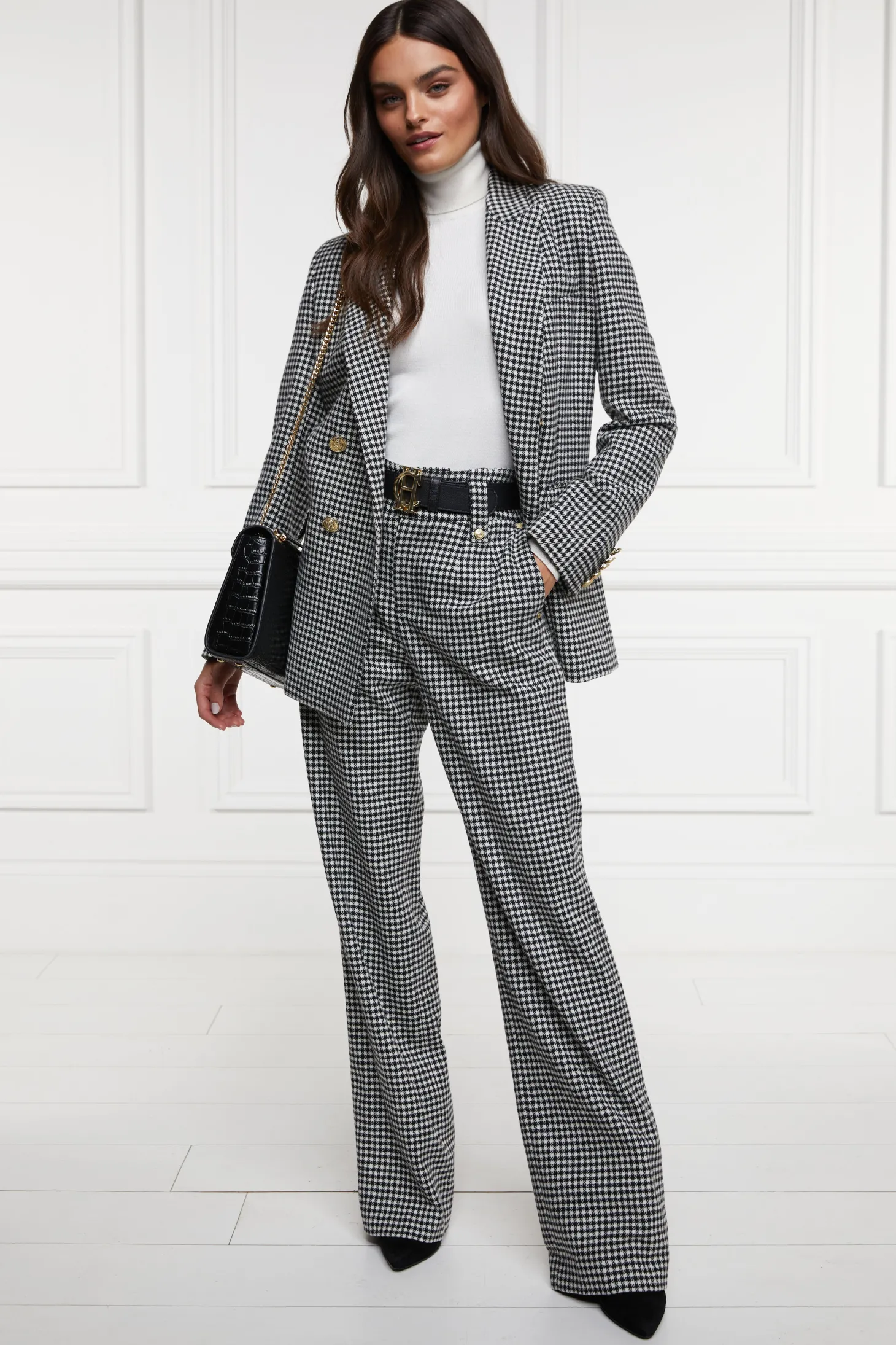 Women Holland Cooper Trousers | Tailoring | High Waisted Straight Trouser (Black & White Puppy Tooth)