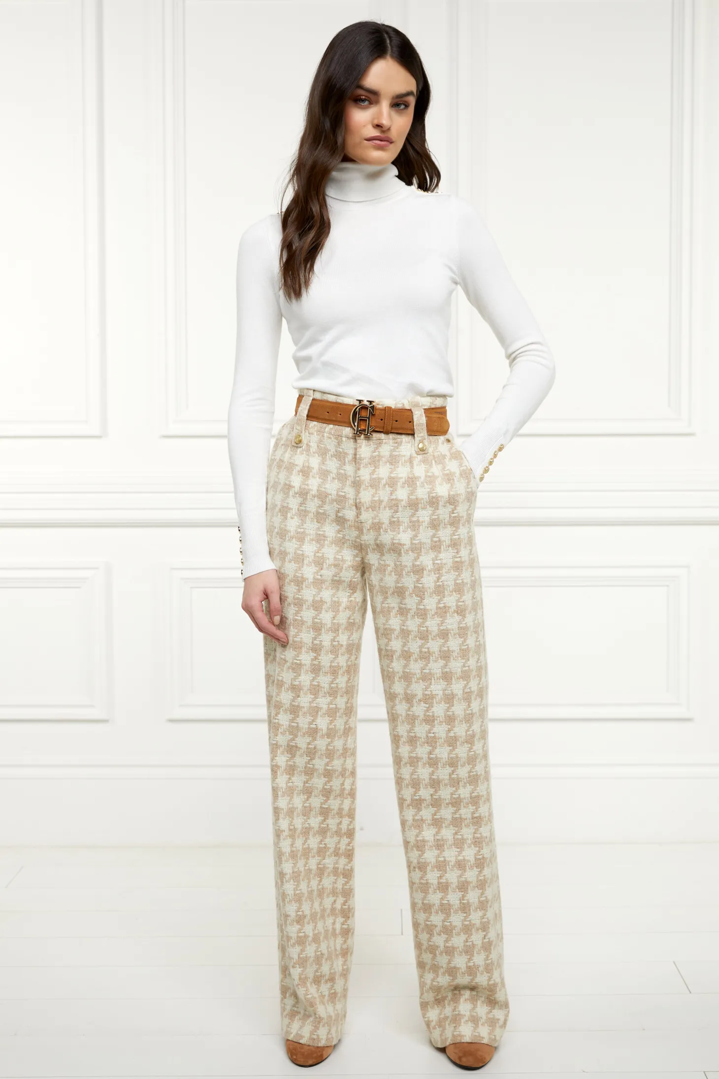 Women Holland Cooper Trousers | Tailoring | High Waisted Straight Trouser (Camel Houndstooth)