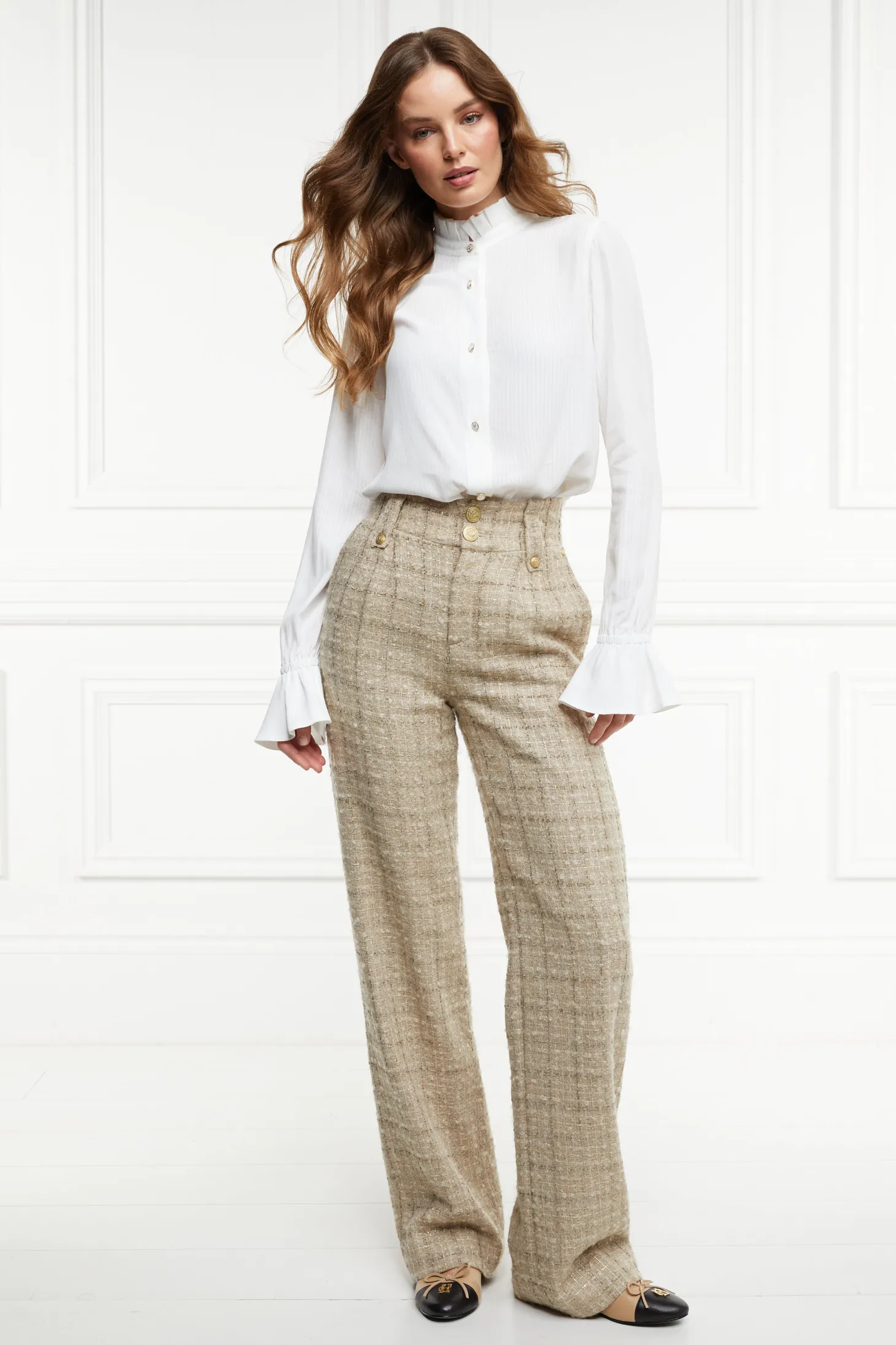 Women Holland Cooper Trousers | Tailoring | High Waisted Straight Trouser (Camel Sparkle Tweed)