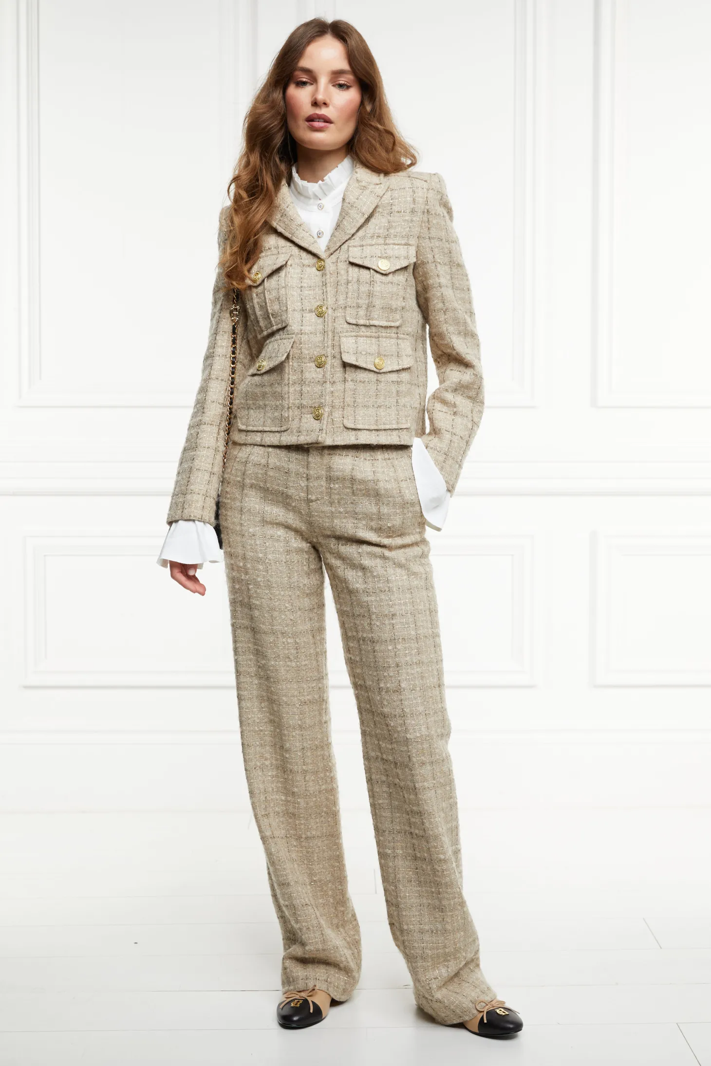 Women Holland Cooper Trousers | Tailoring | High Waisted Straight Trouser (Camel Sparkle Tweed)