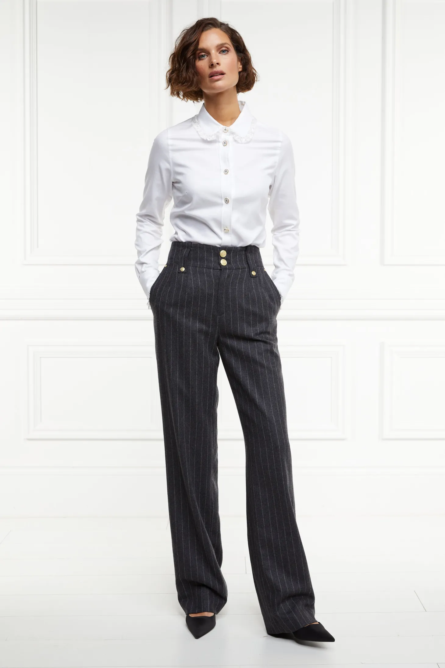 Women Holland Cooper Trousers | Tailoring | High Waisted Straight Trouser (Charcoal Pinstripe)