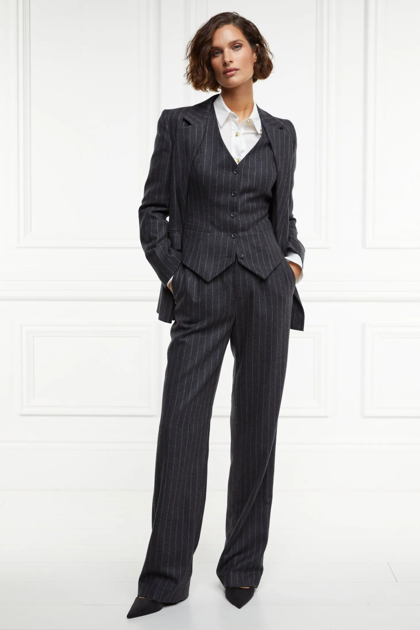 Women Holland Cooper Trousers | Tailoring | High Waisted Straight Trouser (Charcoal Pinstripe)