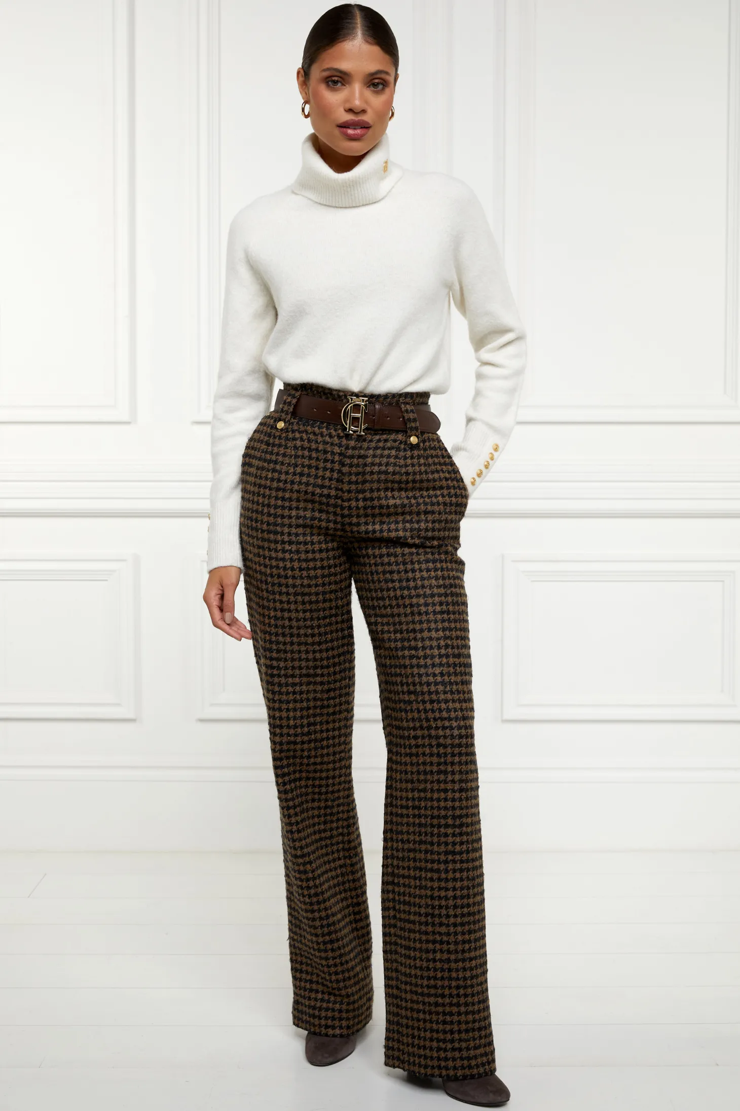 Women Holland Cooper Trousers | Tailoring | High Waisted Straight Trouser (Chocolate Houndstooth)