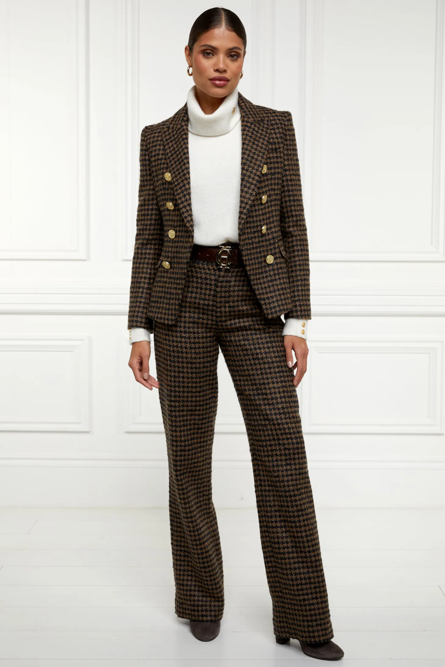 Women Holland Cooper Trousers | Tailoring | High Waisted Straight Trouser (Chocolate Houndstooth)