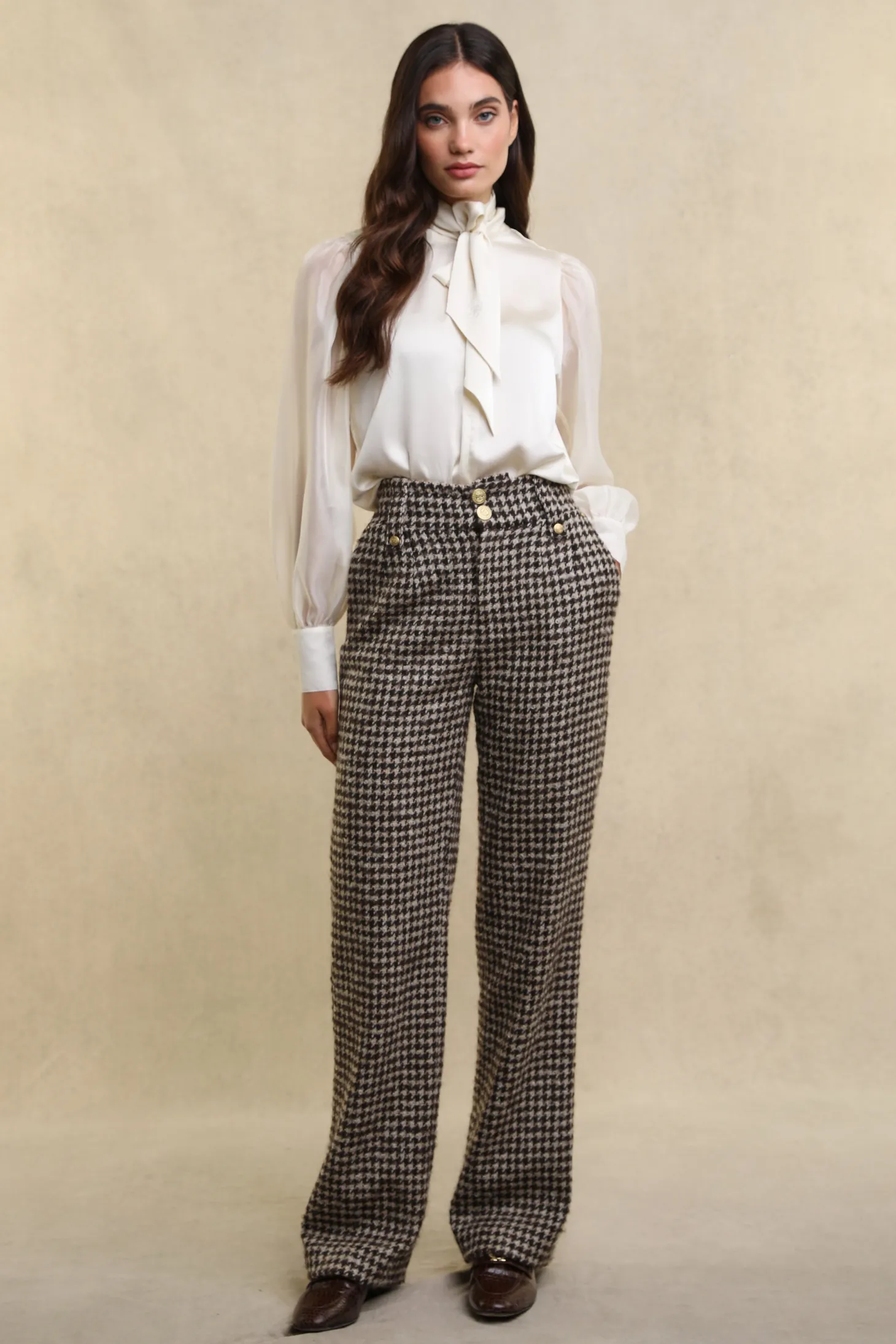 Women Holland Cooper Trousers | Tailoring | High Waisted Straight Trouser (Coffee Houndstooth)