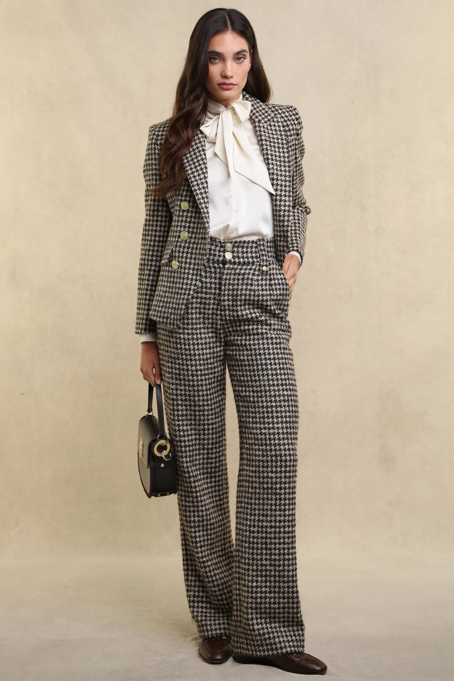 Women Holland Cooper Trousers | Tailoring | High Waisted Straight Trouser (Coffee Houndstooth)