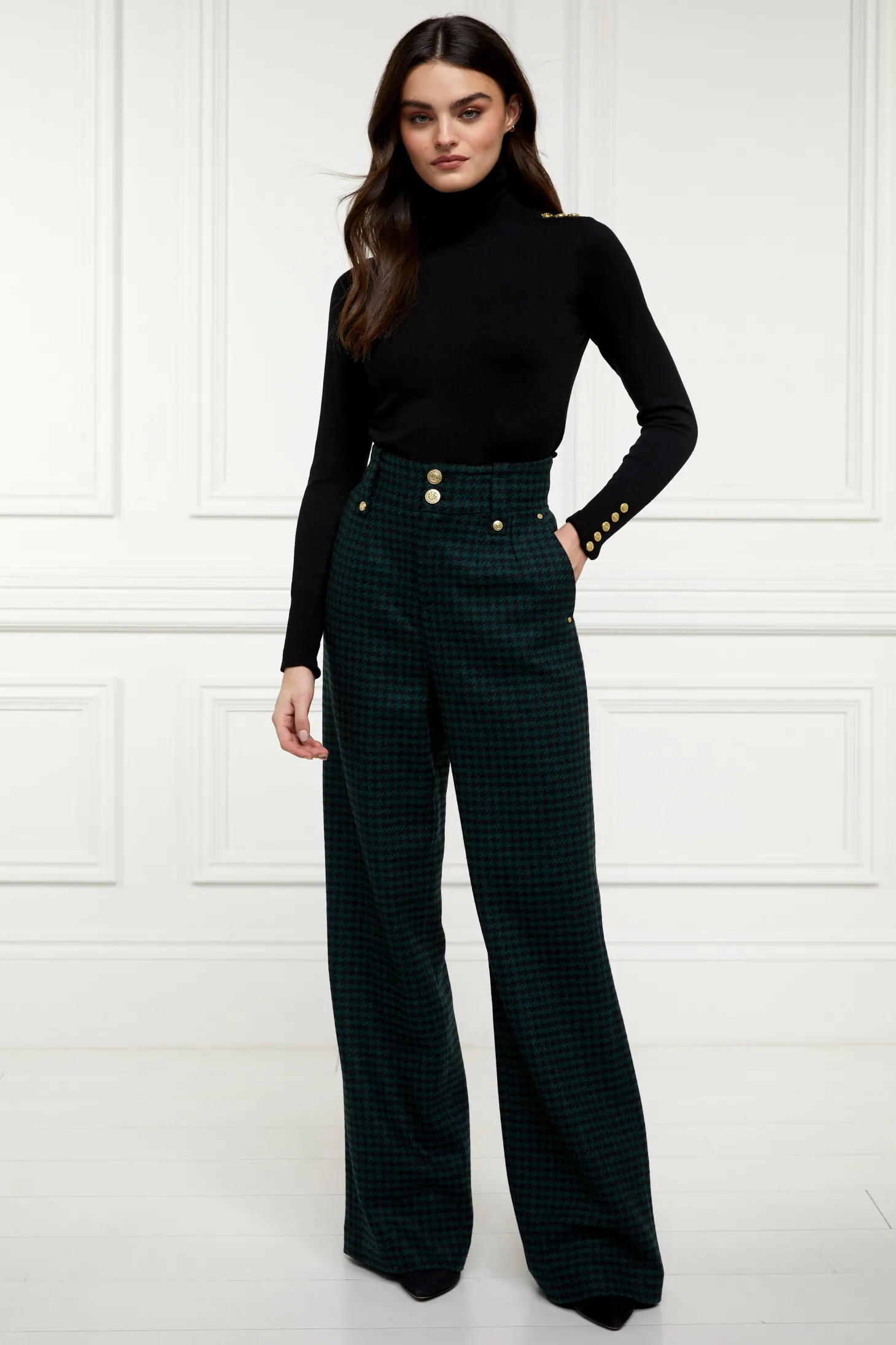 Women Holland Cooper Trousers | Tailoring | High Waisted Straight Trouser (Emerald Houndstooth)