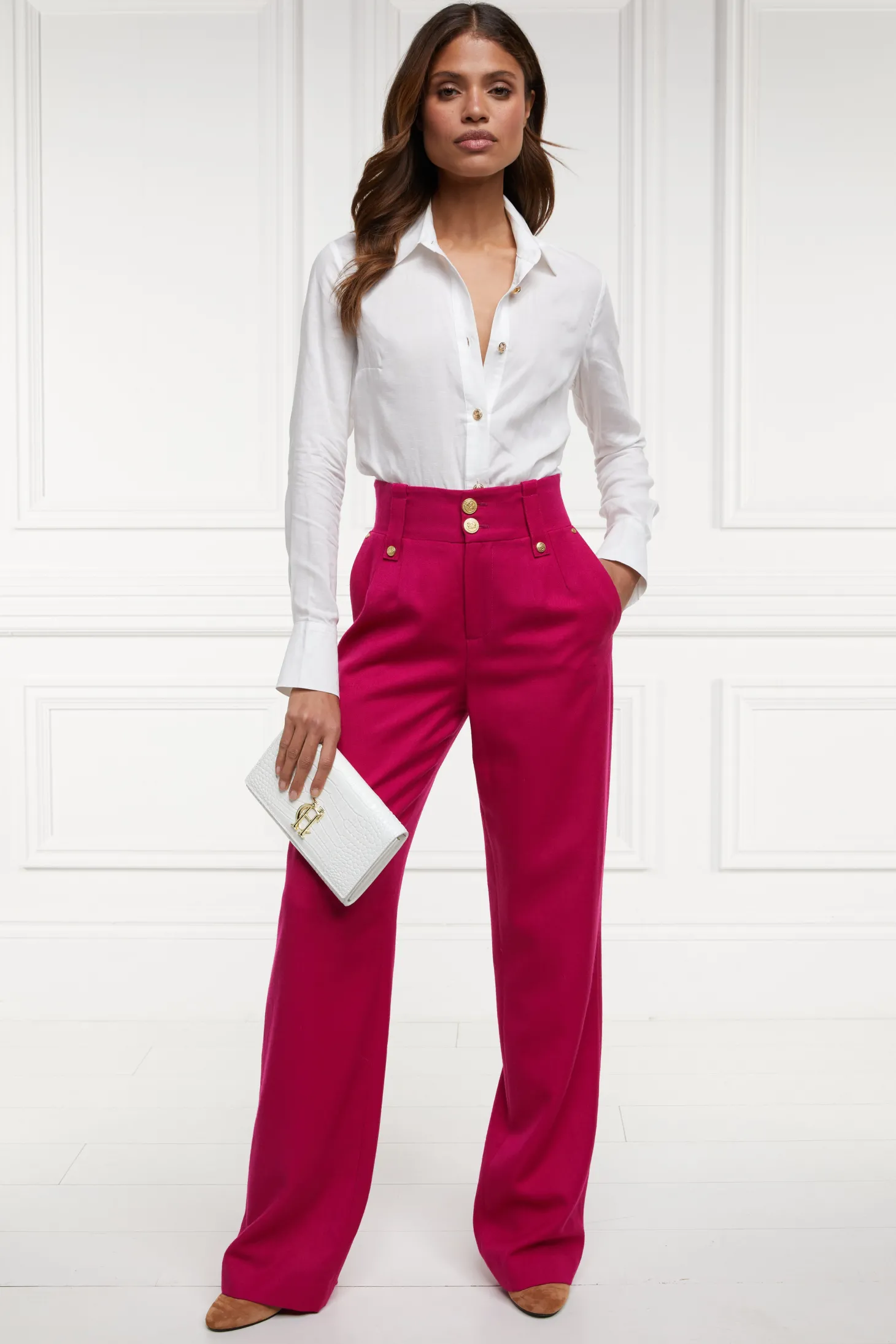 Women Holland Cooper Trousers | Tailoring | High Waisted Straight Trouser (Hot Pink Barathea)