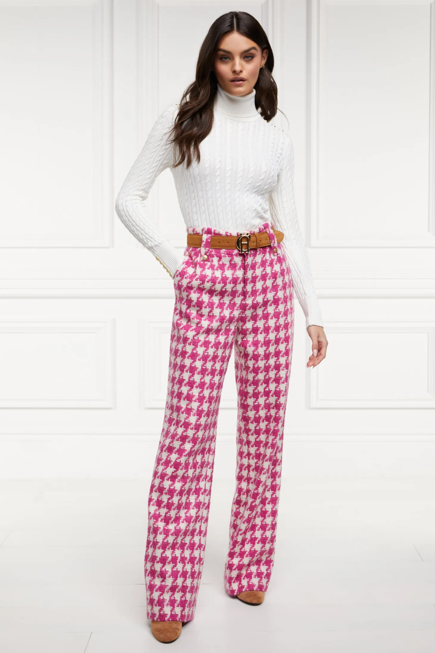 Women Holland Cooper Trousers | Tailoring | High Waisted Straight Trouser (Hot Pink Large Scale Houndstooth)