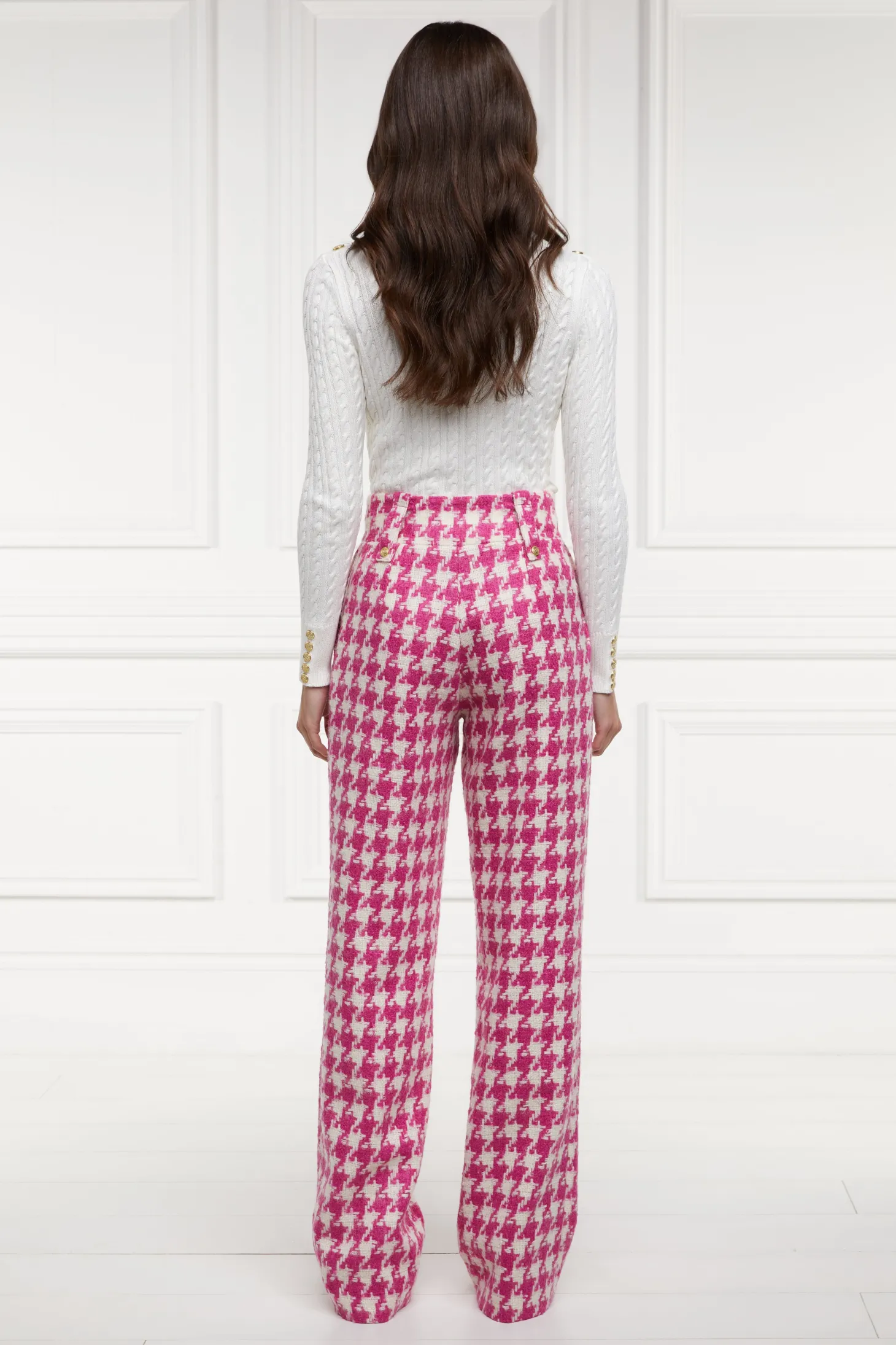 Women Holland Cooper Trousers | Tailoring | High Waisted Straight Trouser (Hot Pink Large Scale Houndstooth)