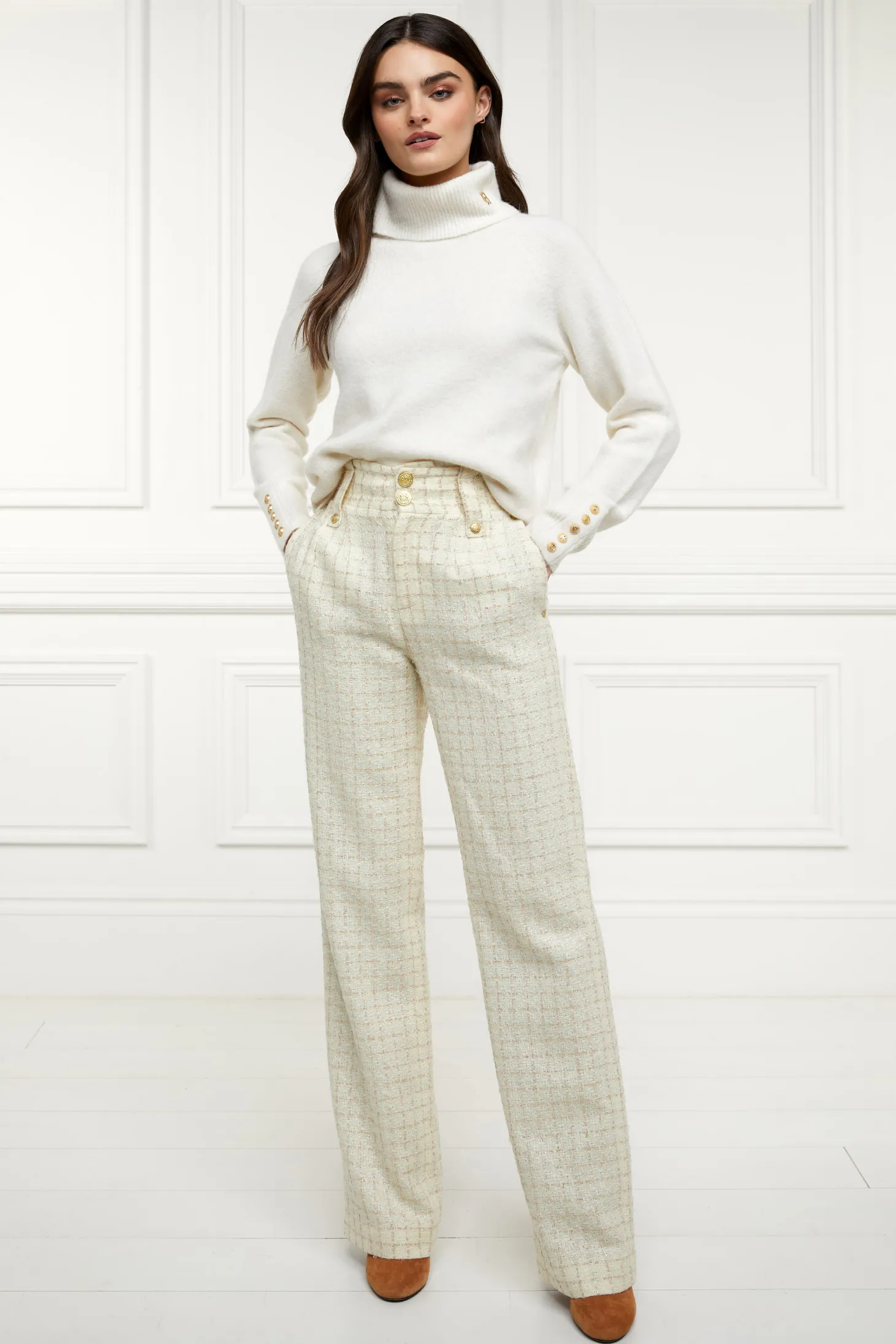 Women Holland Cooper Trousers | Tailoring | High Waisted Straight Trouser (Ivory Sparkle Tweed)