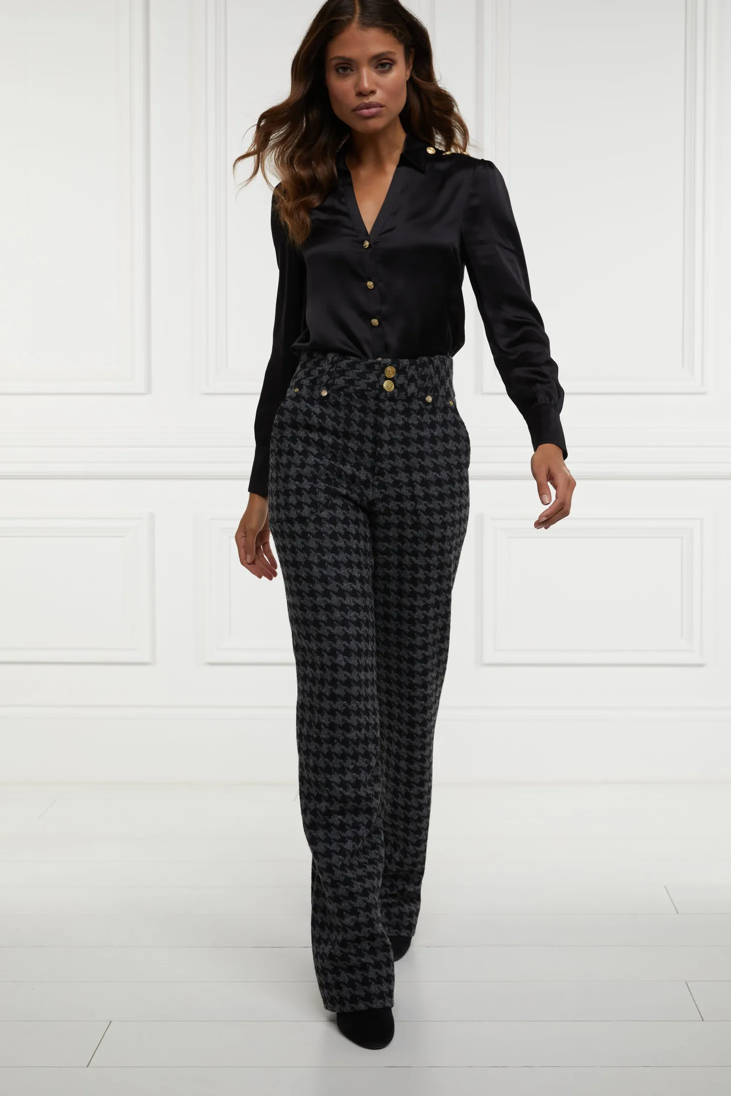 Women Holland Cooper Trousers | Tailoring | High Waisted Straight Trouser (Large Scale Charcoal Houndstooth)