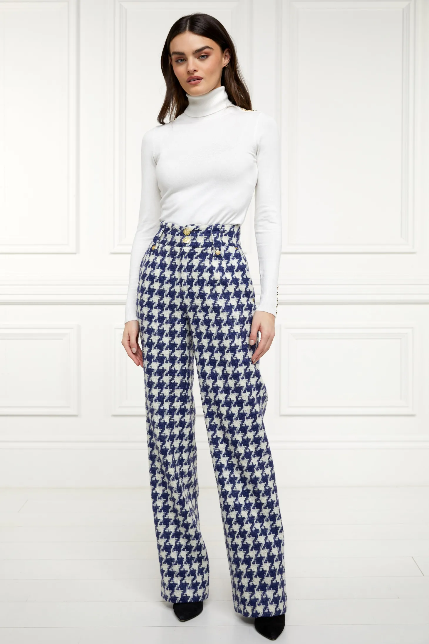 Women Holland Cooper Trousers | Tailoring | High Waisted Straight Trouser (Large Scale Navy Houndstooth)