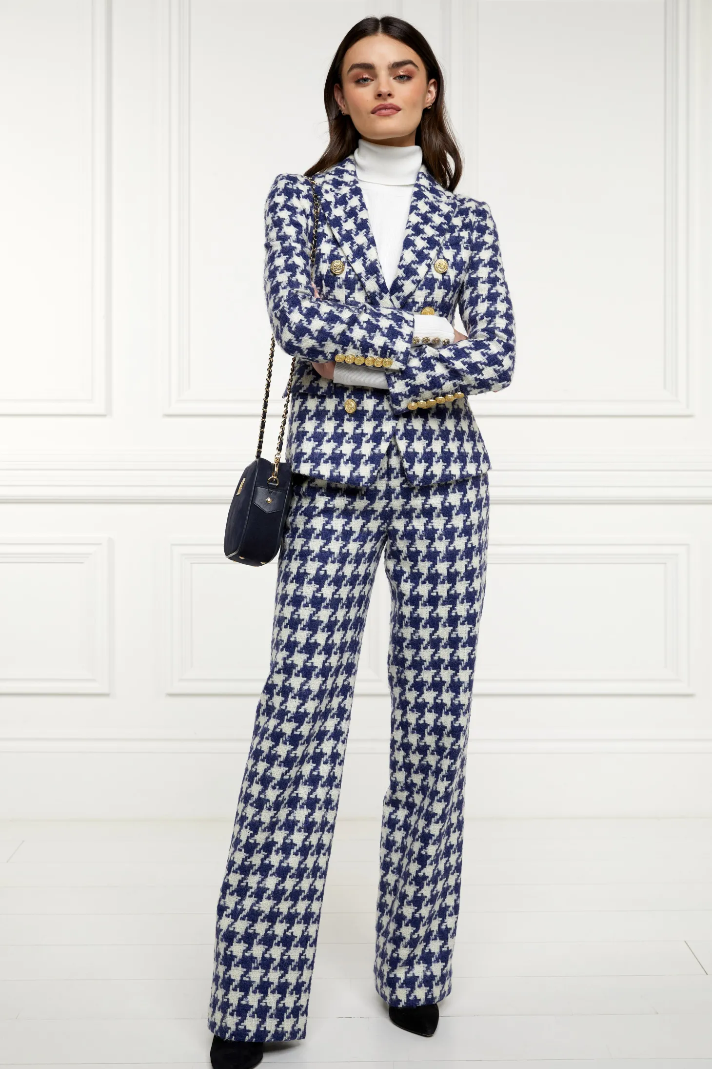 Women Holland Cooper Trousers | Tailoring | High Waisted Straight Trouser (Large Scale Navy Houndstooth)