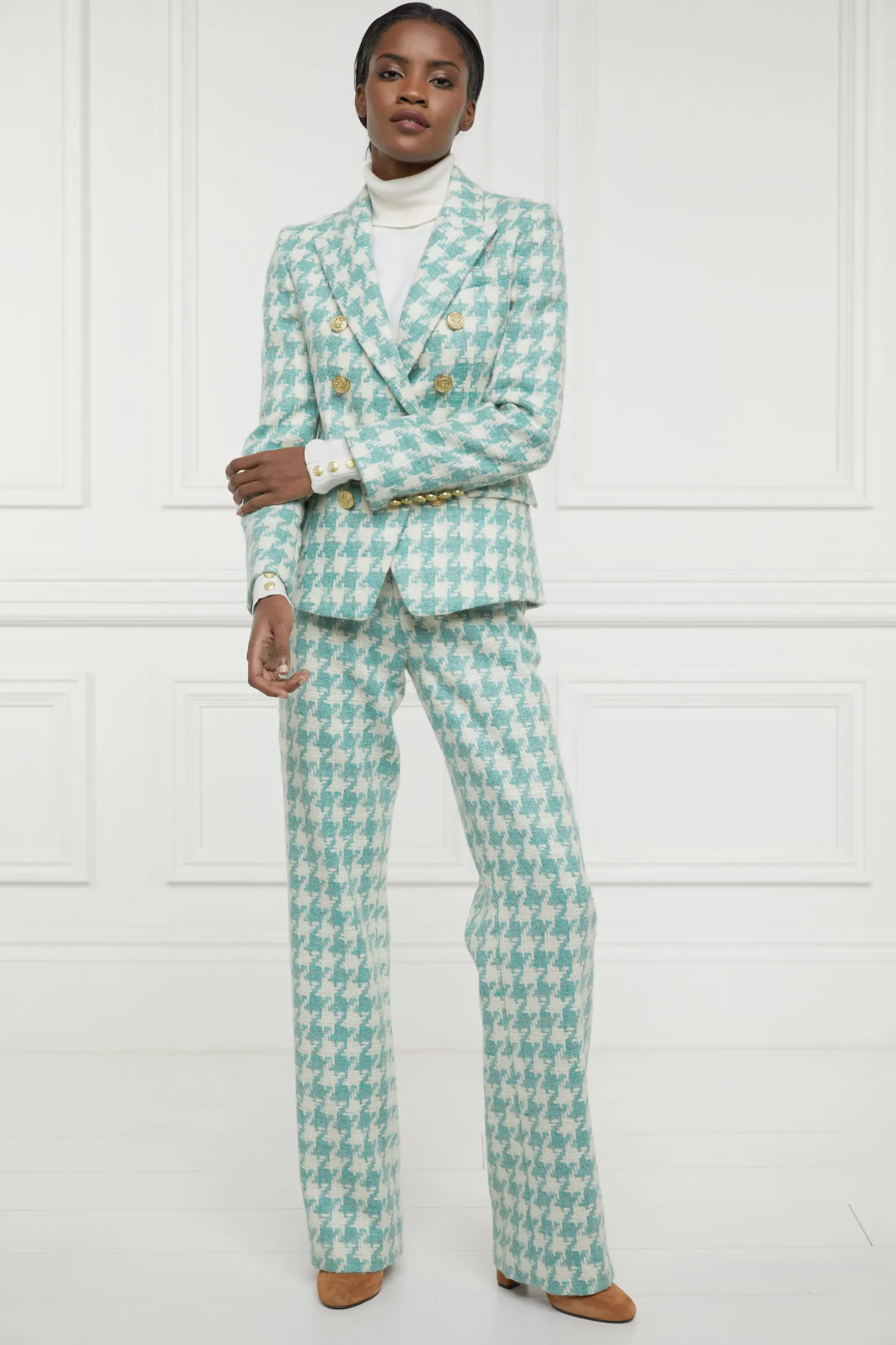 Women Holland Cooper Trousers | Tailoring | High Waisted Straight Trouser (Large Scale Teal Houndstooth)