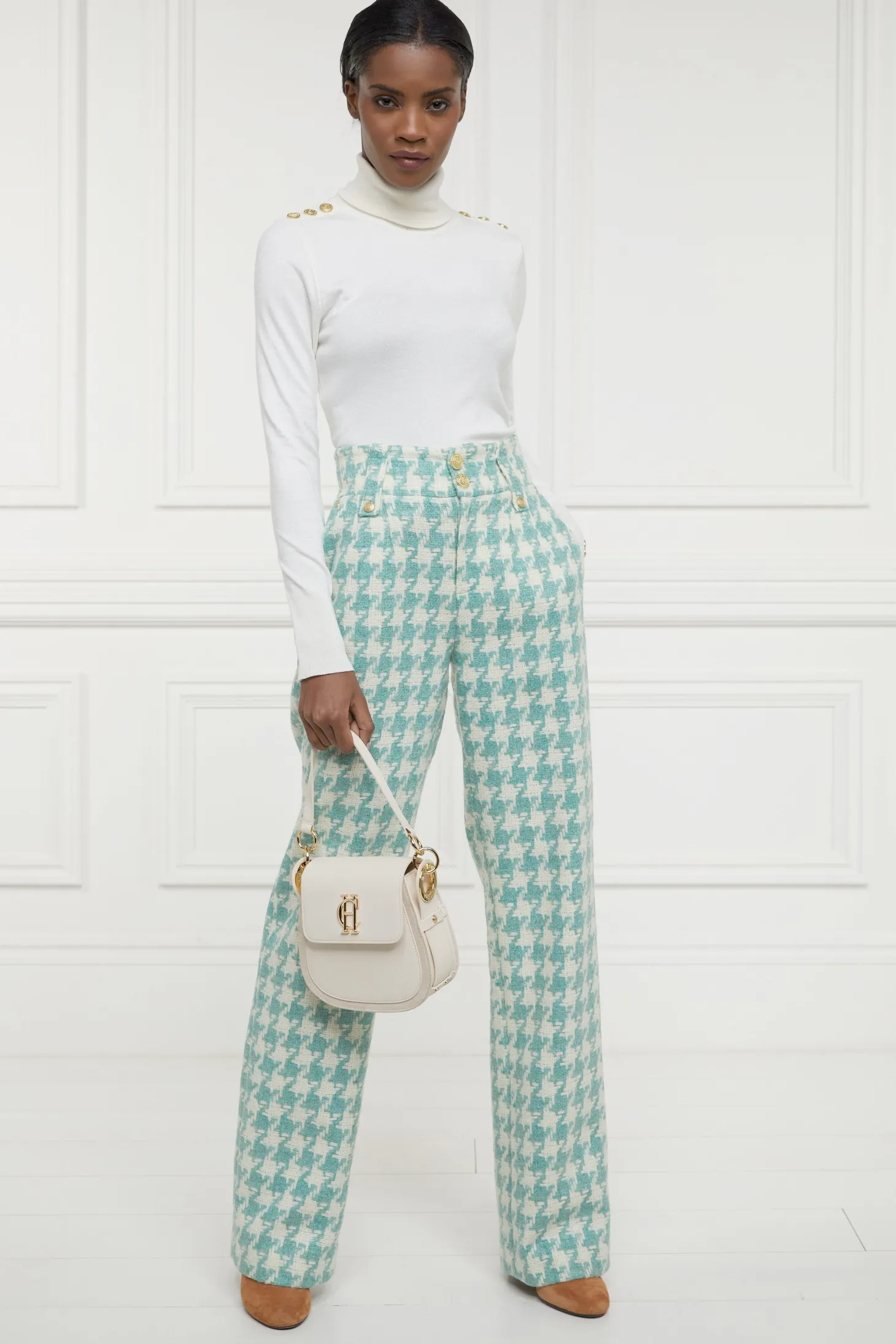 Women Holland Cooper Trousers | Tailoring | High Waisted Straight Trouser (Large Scale Teal Houndstooth)