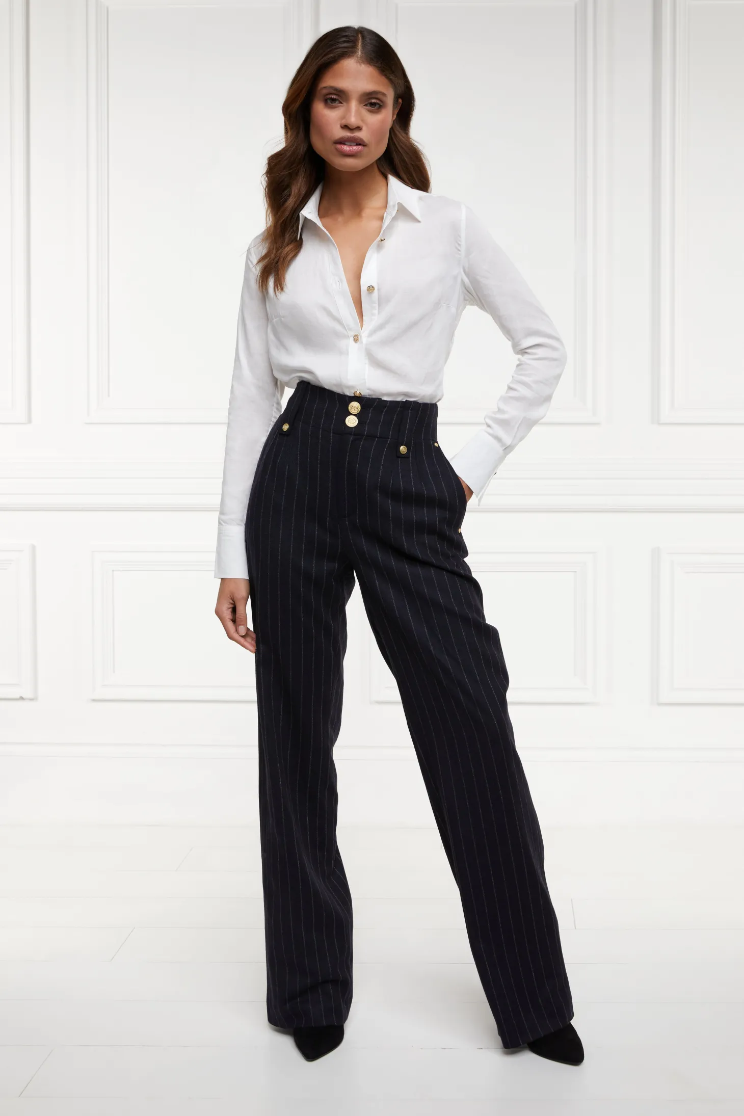 Women Holland Cooper Trousers | Tailoring | High Waisted Straight Trouser (Navy Chalk Pinstripe)