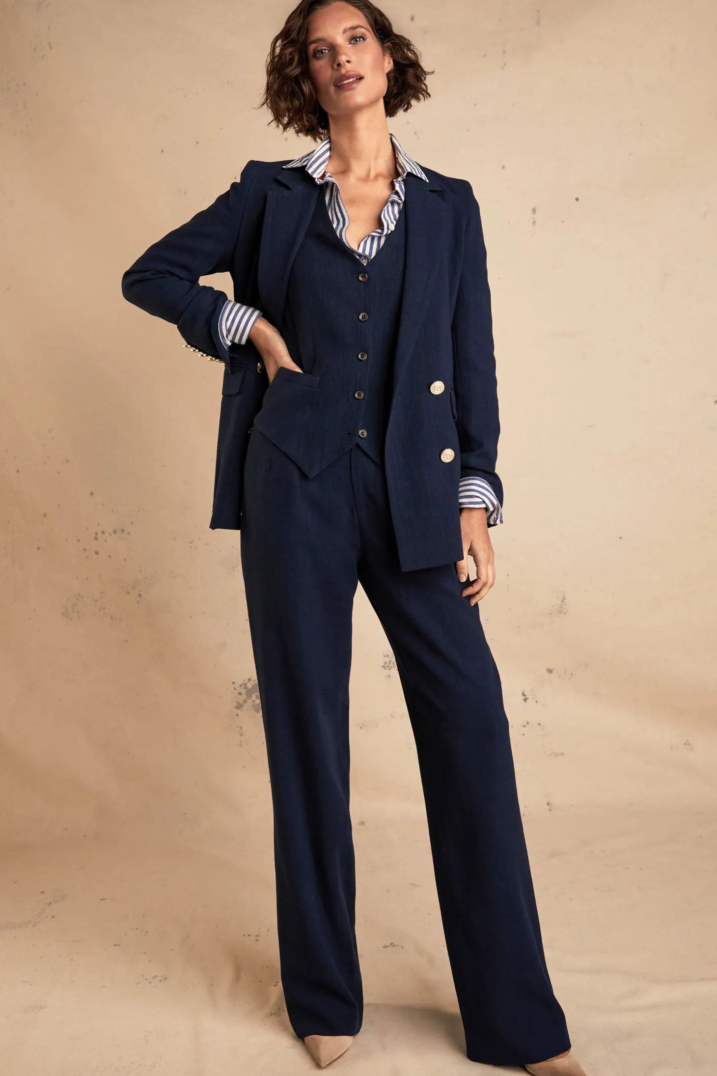 Women Holland Cooper Trousers | Tailoring | High Waisted Straight Trouser (Navy Linen)