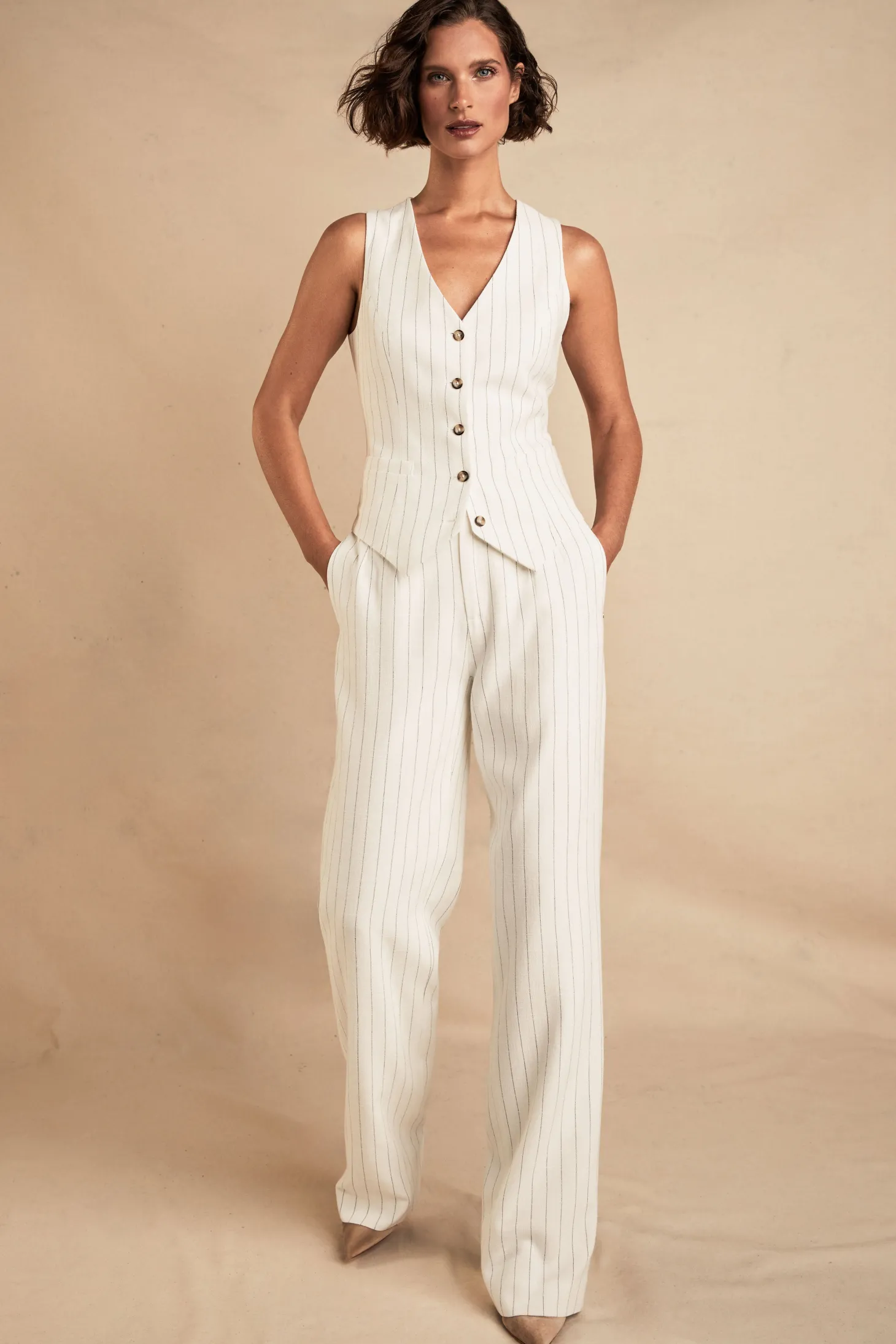 Women Holland Cooper Trousers | Tailoring | High Waisted Straight Trouser (Oyster Linen Pinstripe)