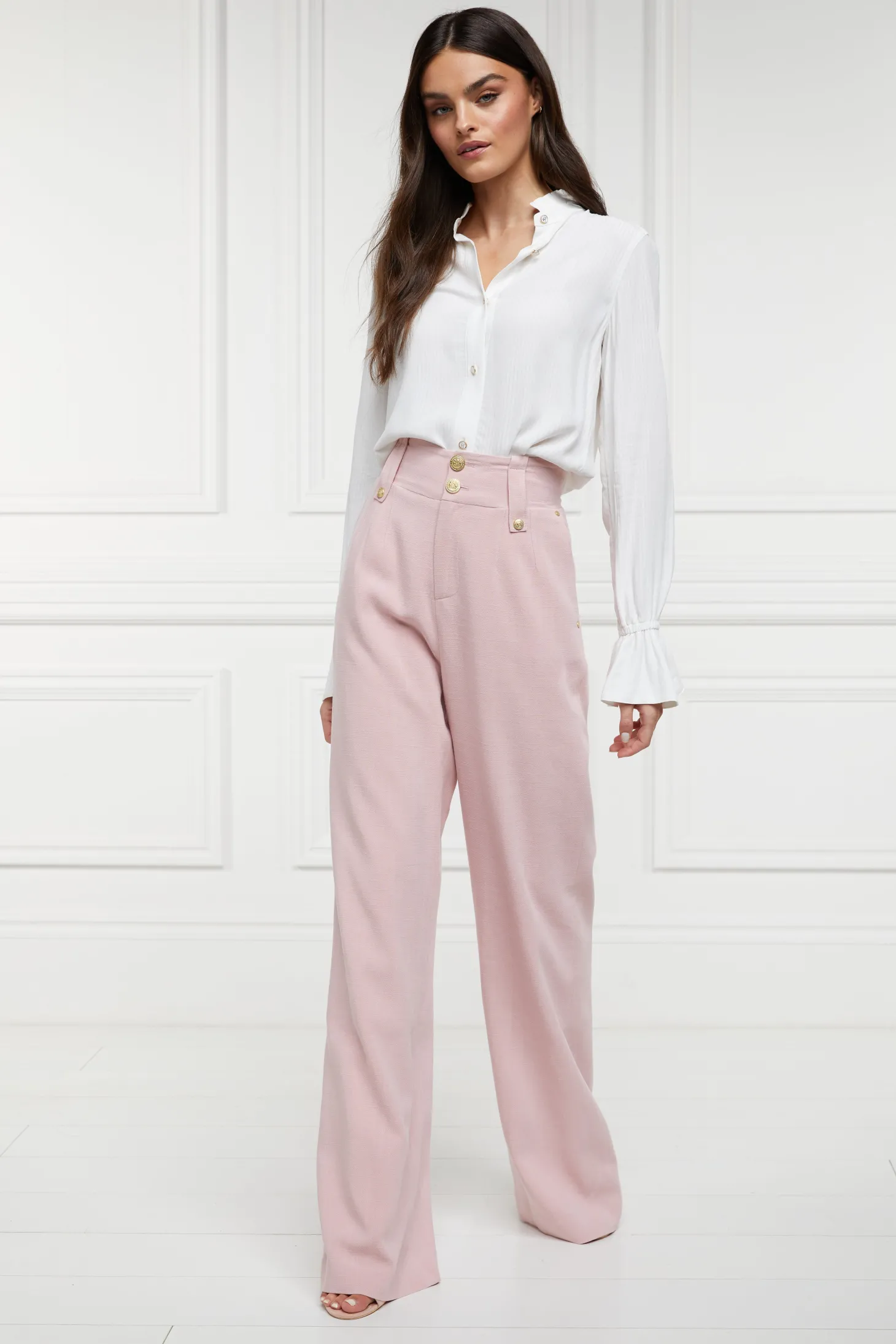 Women Holland Cooper Trousers | Tailoring | High Waisted Straight Trouser (Pink Linen)